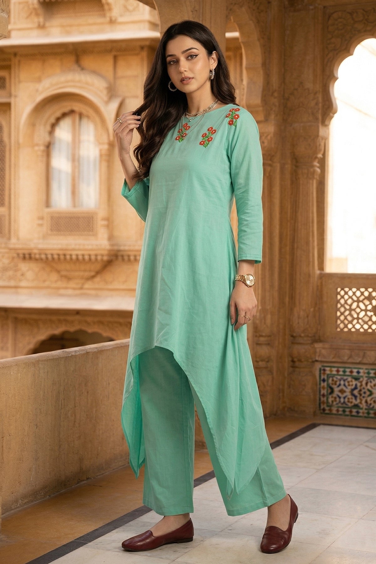 Buy Pista Embroidered Kurta & Pant for women by Sneha B online available at scrollnshops