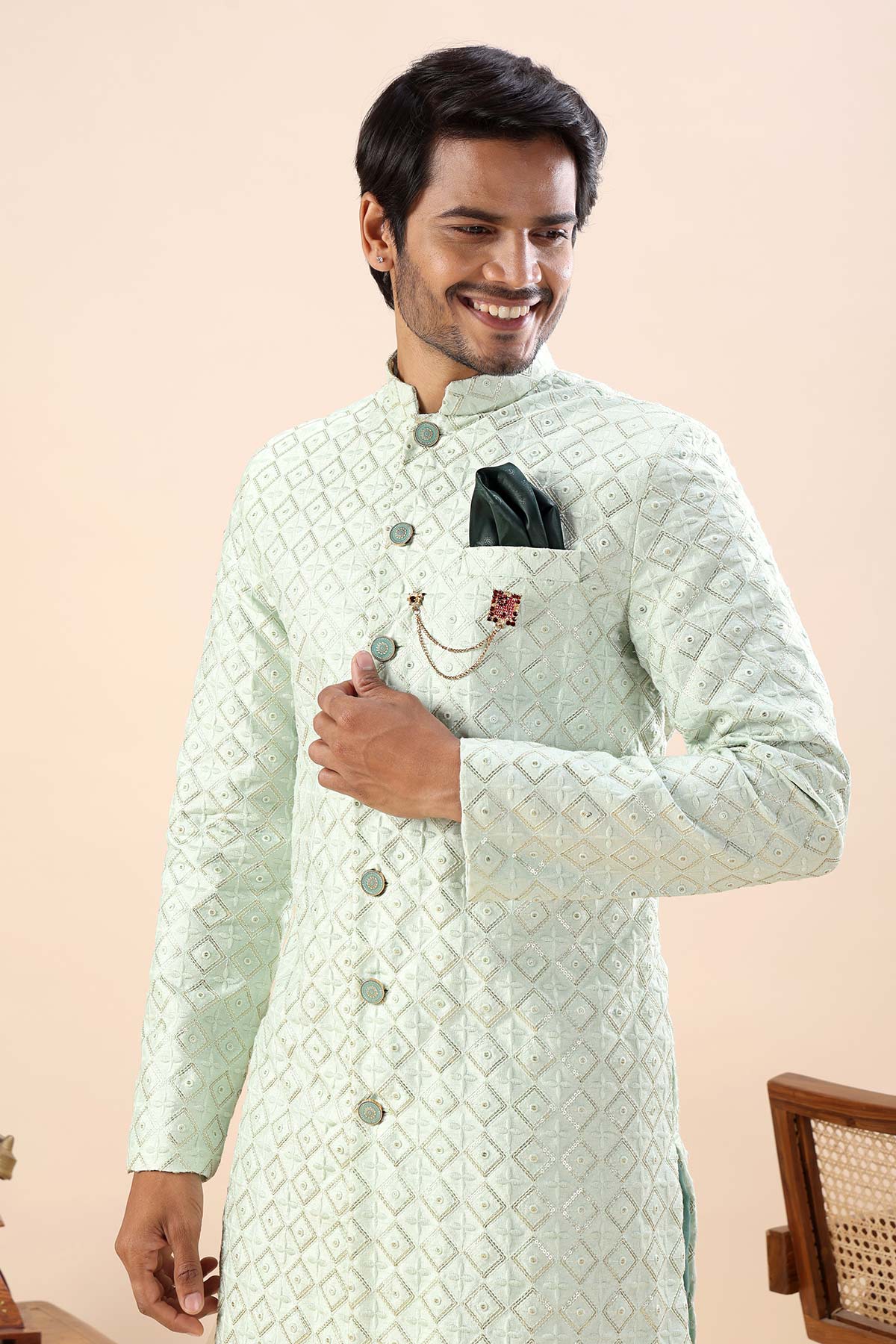 Pista Embroidered Sherwani Set