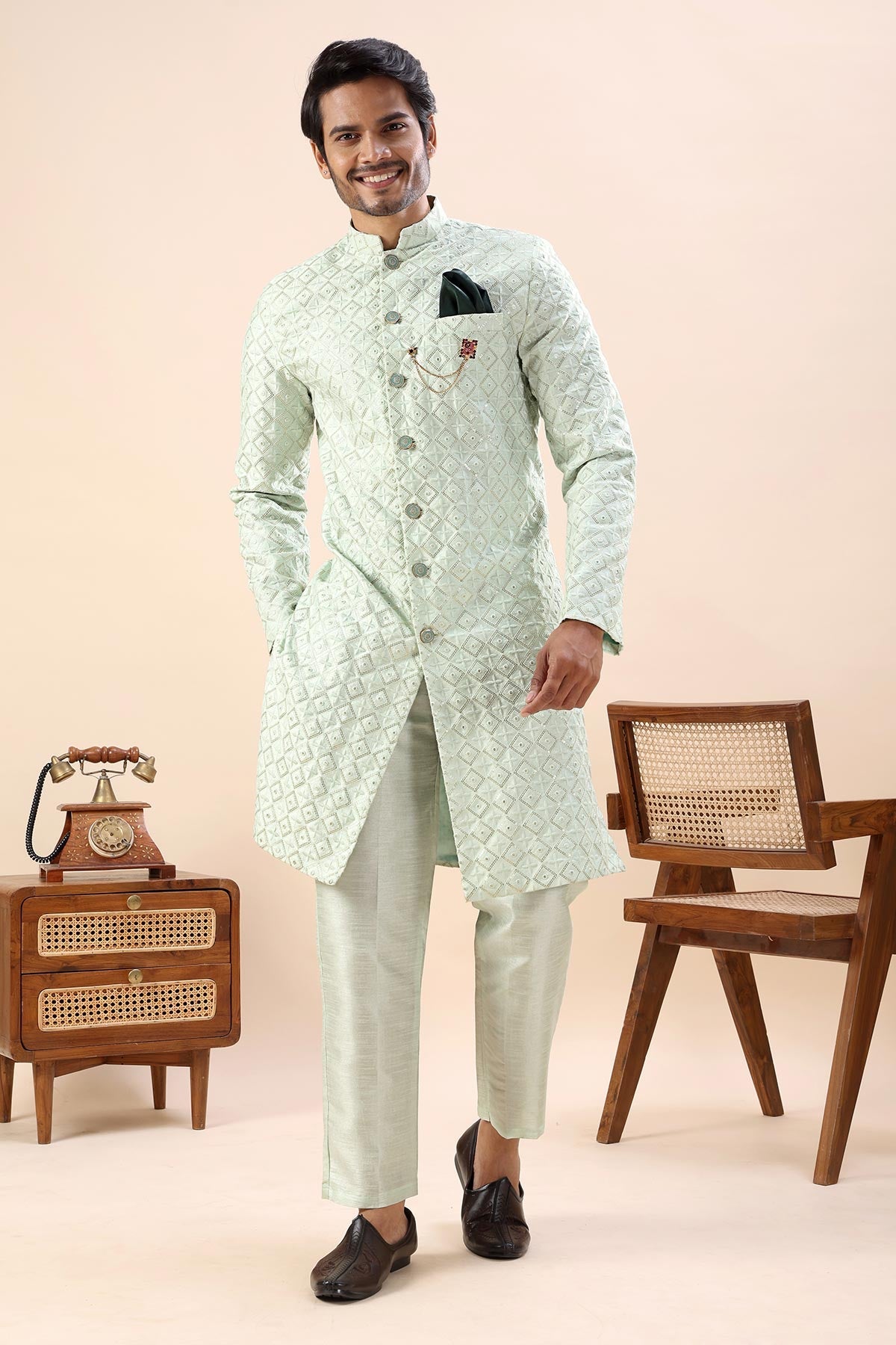 Buy Pista Embroidered Sherwani Set for men by Aastha Fashion online available at scrollnshops
