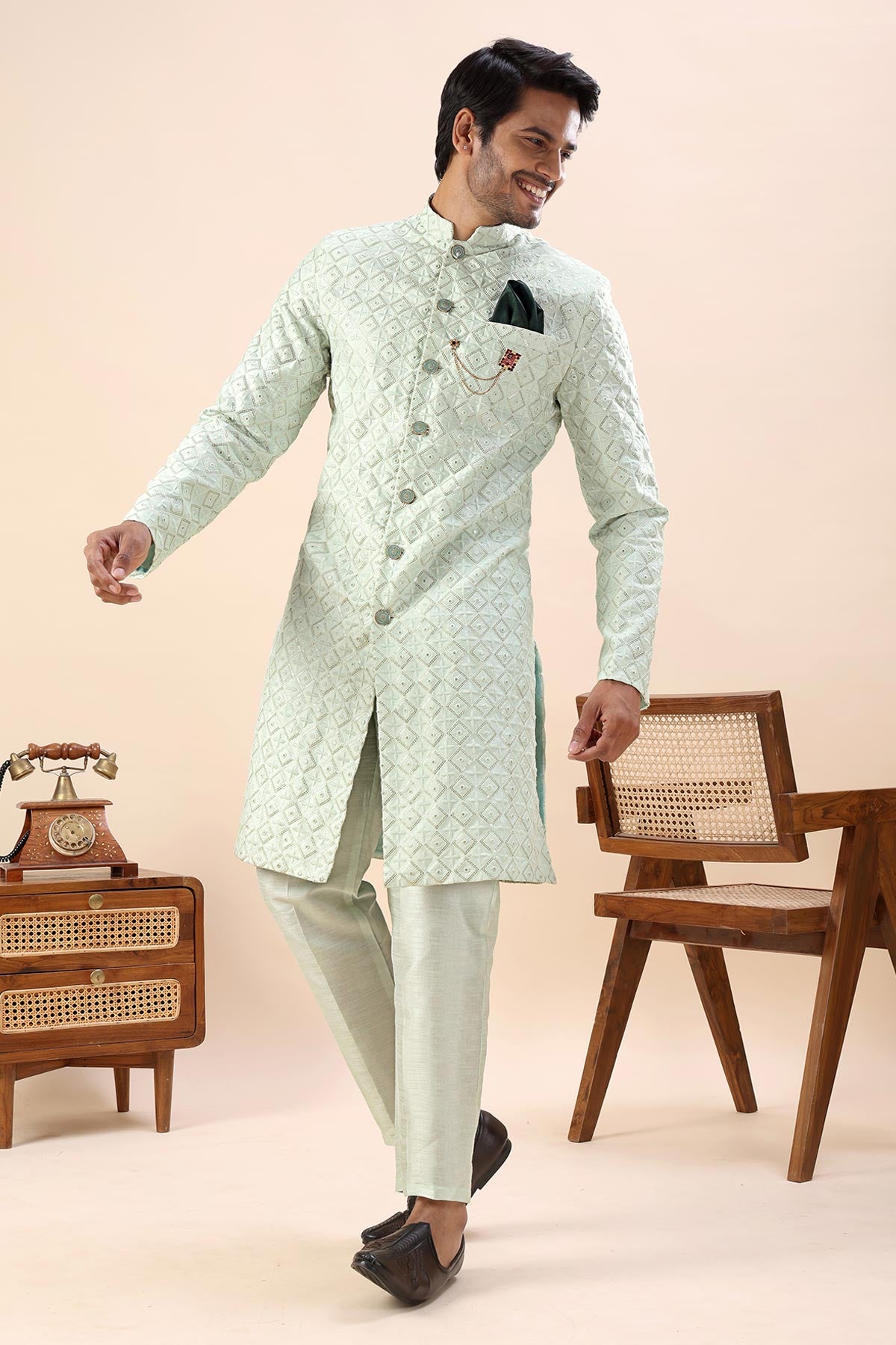 Pista Embroidered Sherwani Set