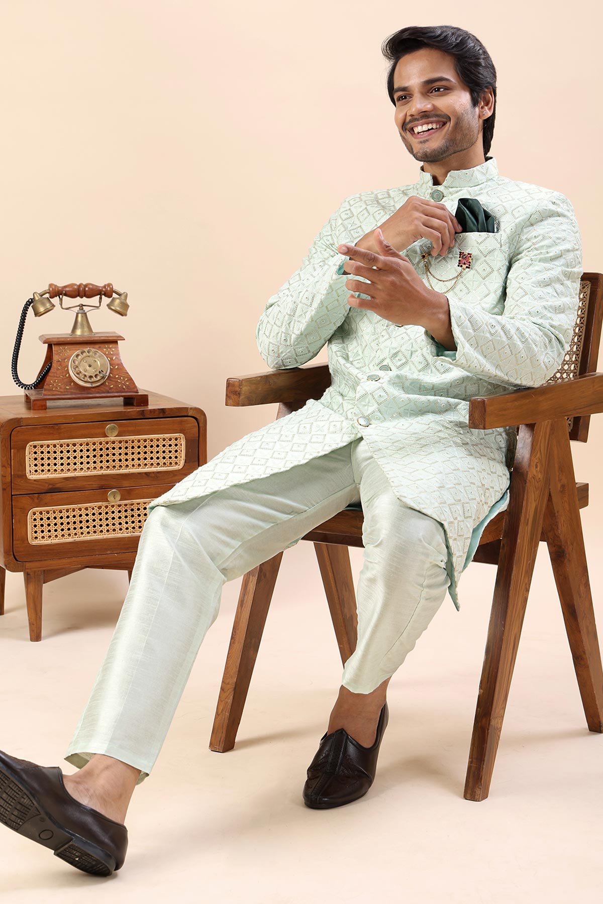 Pista Embroidered Sherwani Set