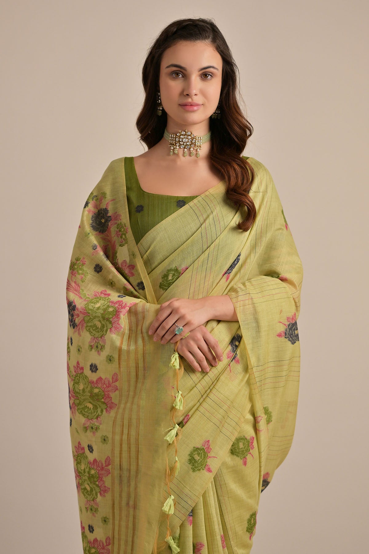 Pista Floral Thread Work Saree