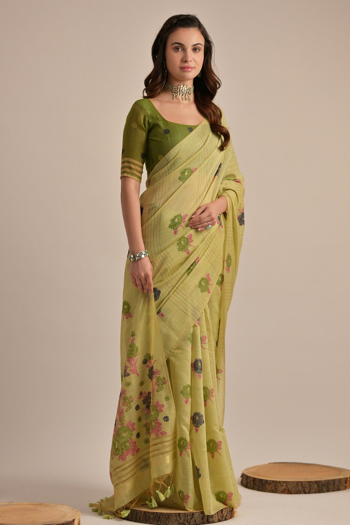 Pista Floral Thread Work Saree
