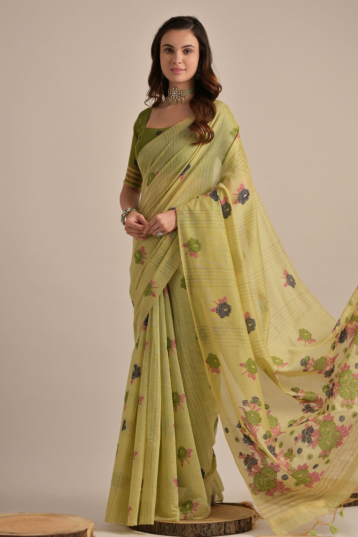 Pista Floral Thread Work Saree