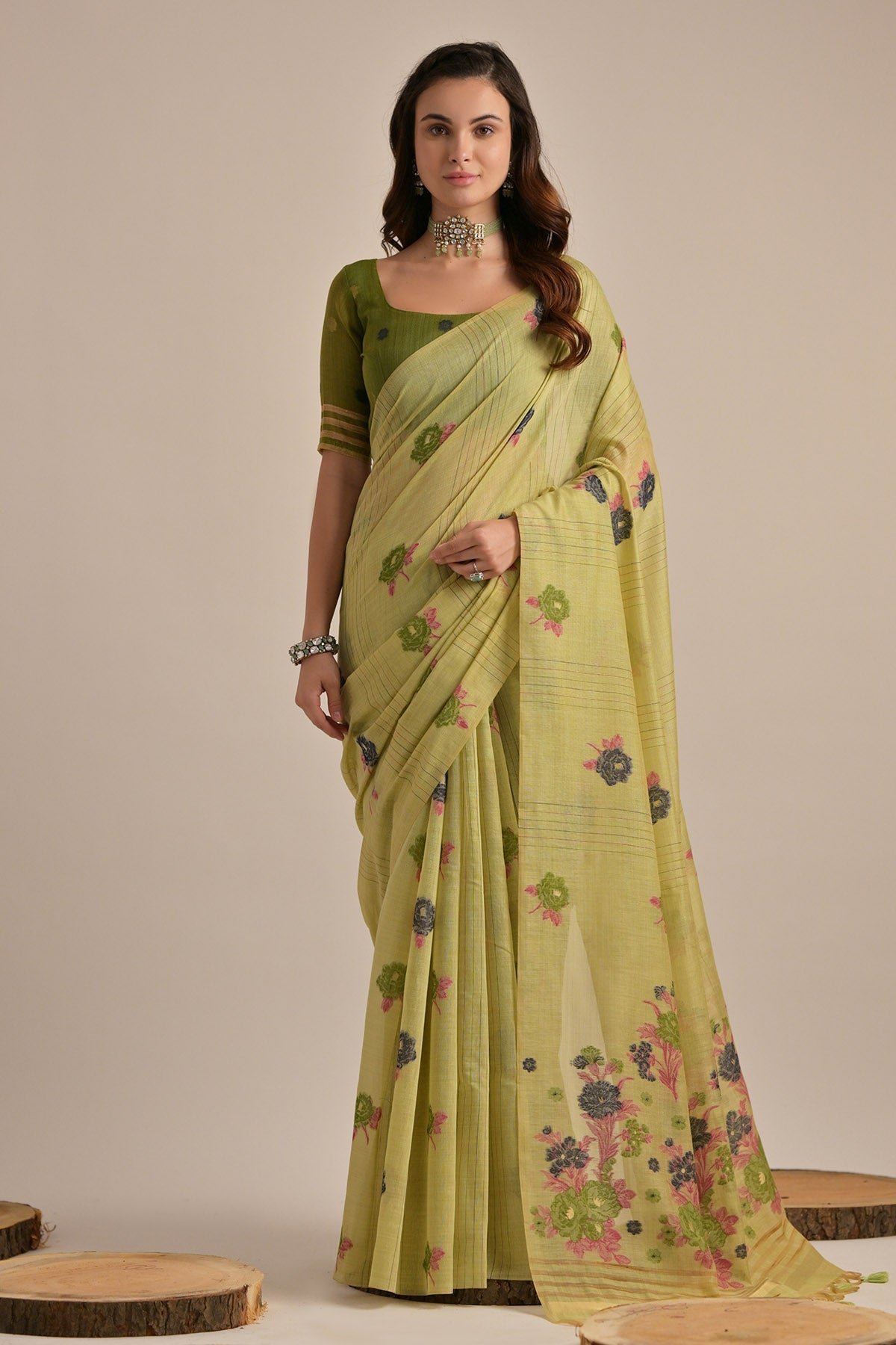 Buy Pista Floral Thread Work Saree by Lili Lala for women online at ScrollnShops