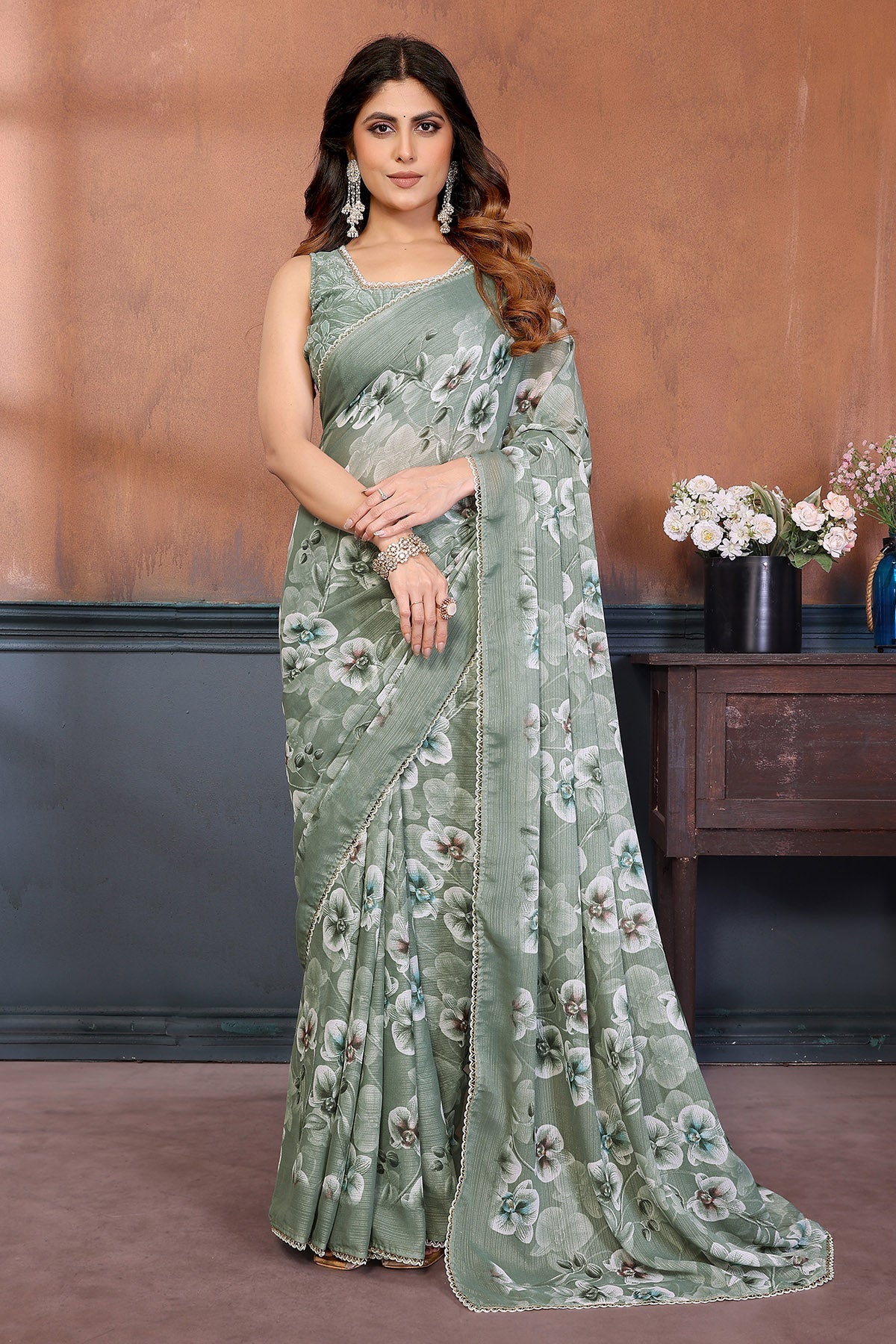 Buy Pista Georgette Sharmili Saree for women by Aastha Fashion online available at scrollnshops