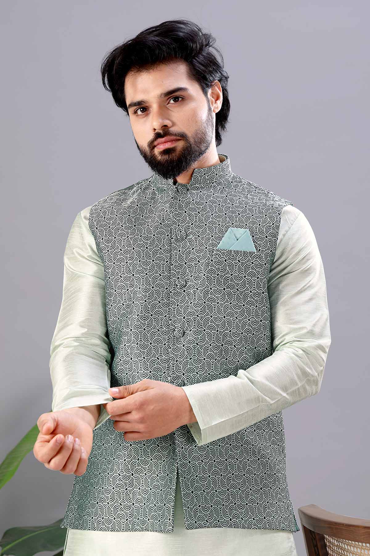Buy Pista Green Cotton Bundi Jacket for men by Aastha Fashion online available at scrollnshops