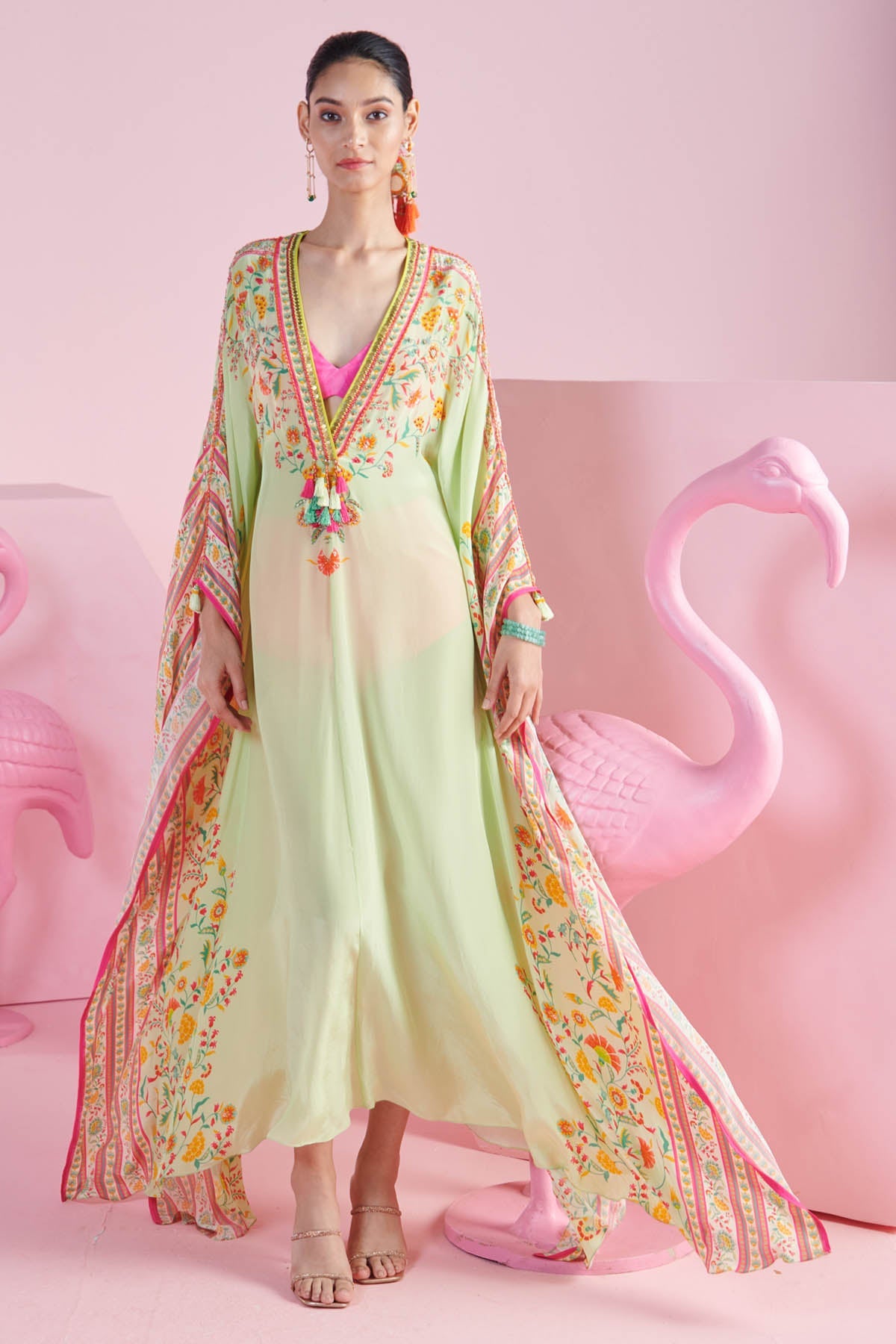 Mandira Wirk Pista Green Print Flowy Kaftan for women online at ScrollnShops