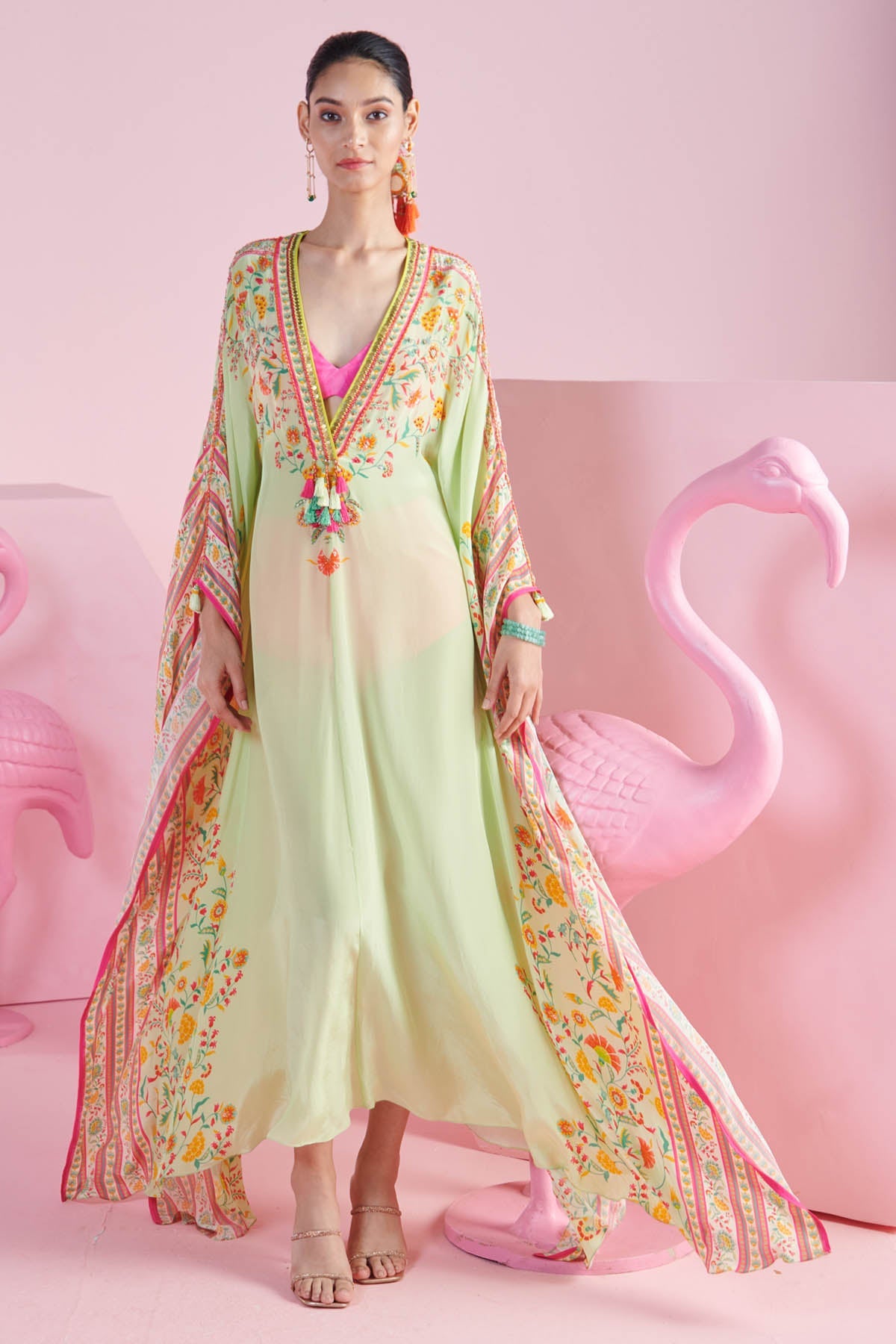 Buy Pista Green Print Flowy Kaftan by Mandira Wirk