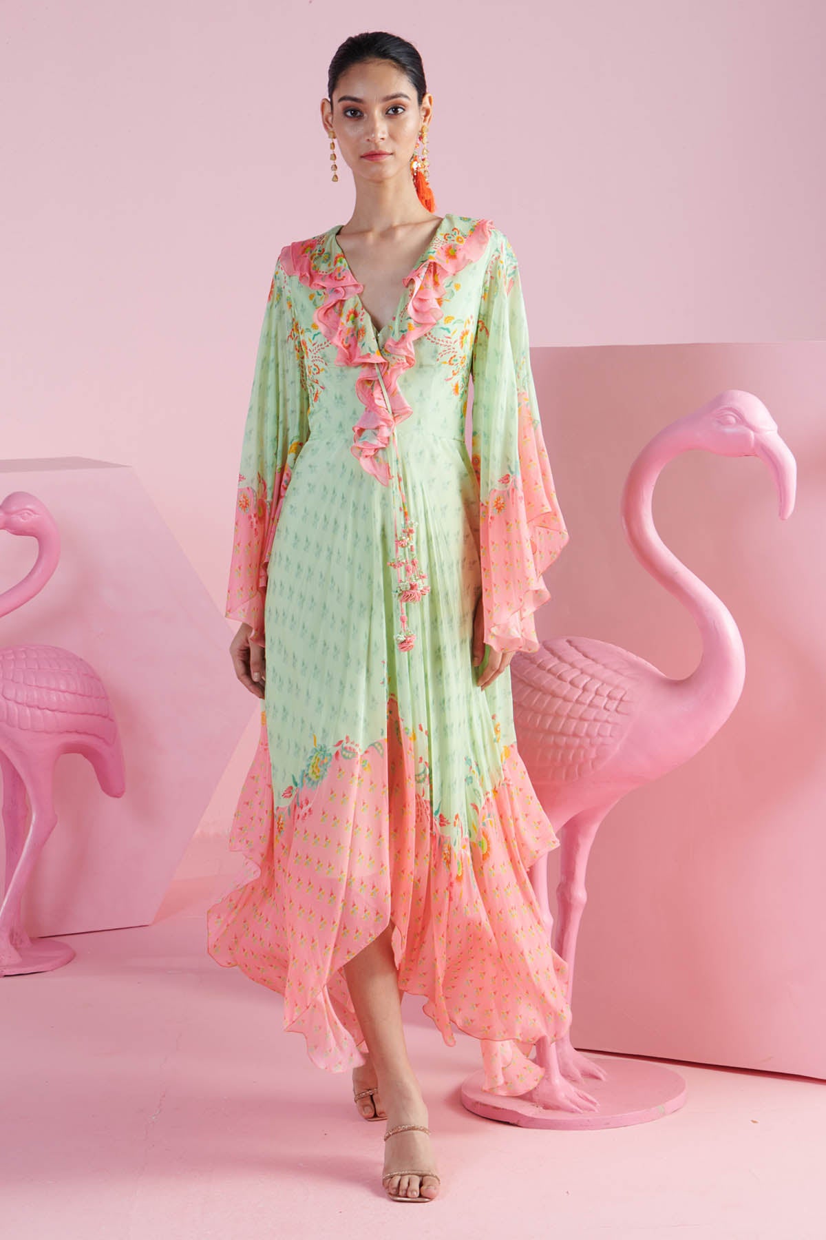 Pista Green Ruffle V-Neck Dress