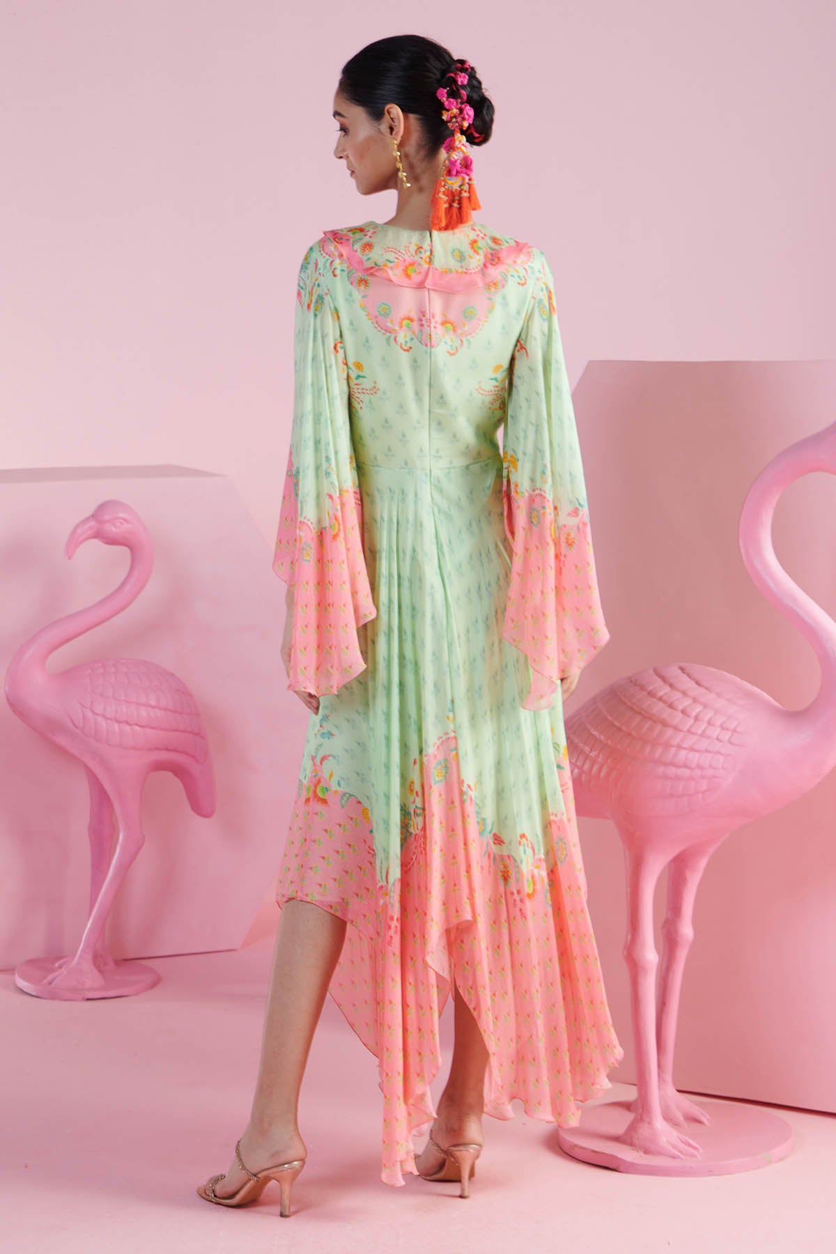 Pista Green Ruffle V-Neck Dress