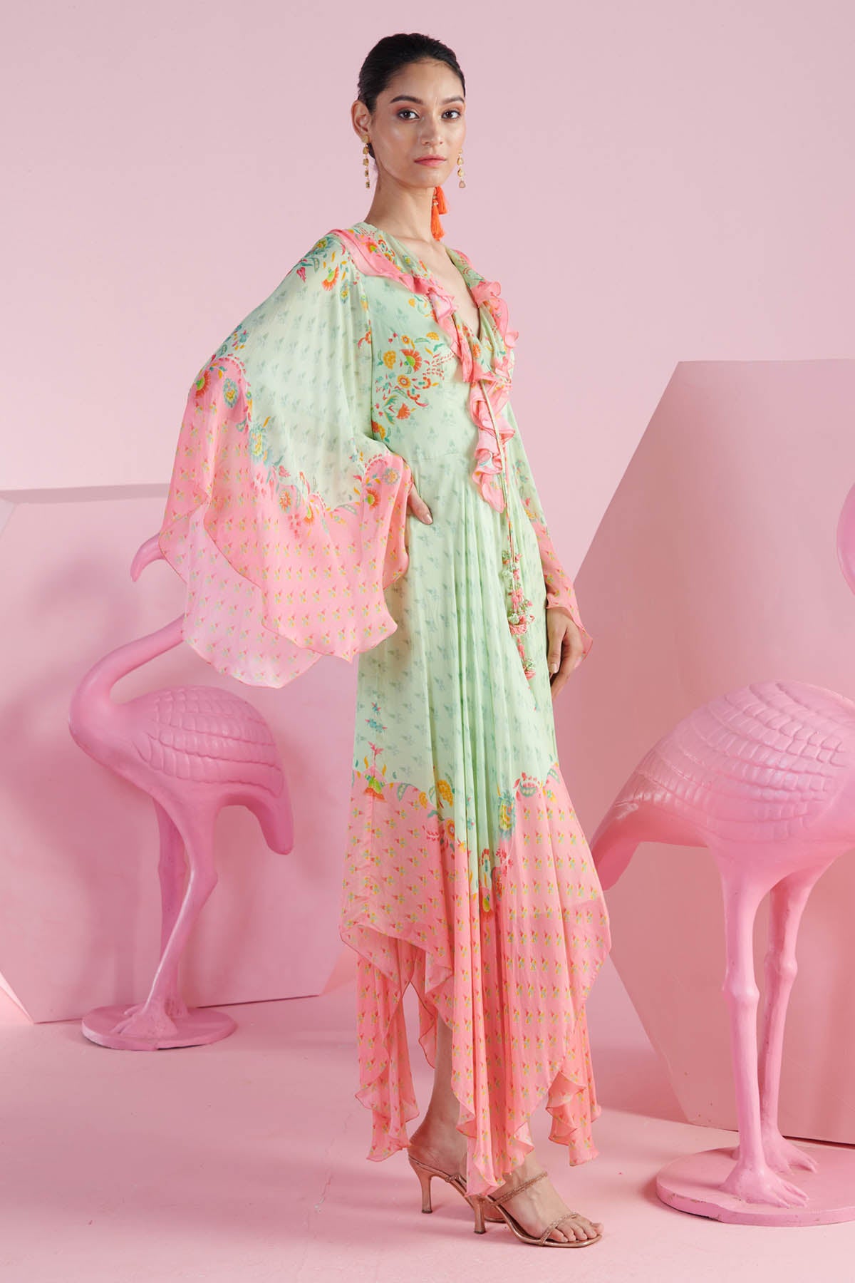 Pista Green Ruffle V-Neck Dress