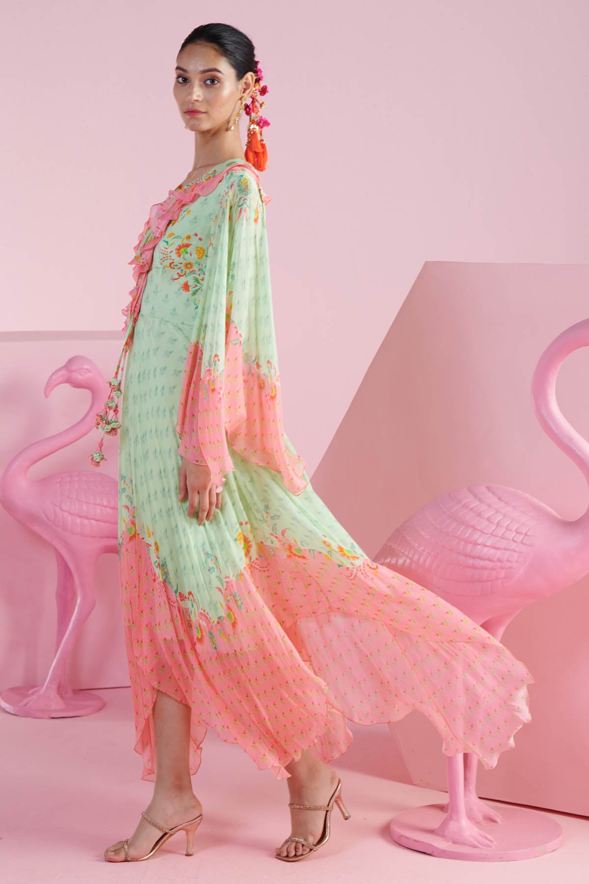 Pista Green Ruffle V-Neck Dress