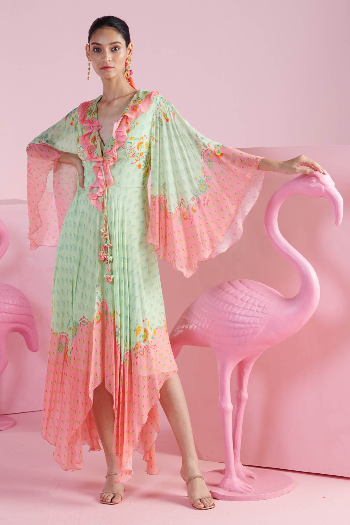 Buy Pista Green Ruffle V-Neck Dress by Mandira Wirk