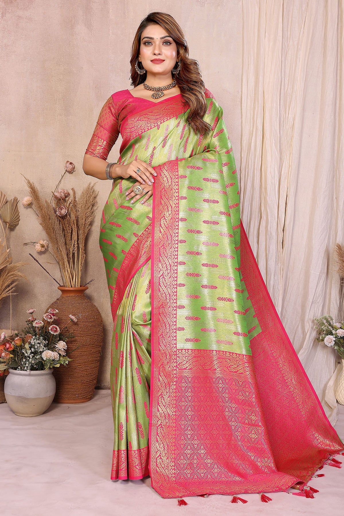 Buy Pista Green Tissue Silk Saree for women by Aastha Fashion online available at scrollnshops