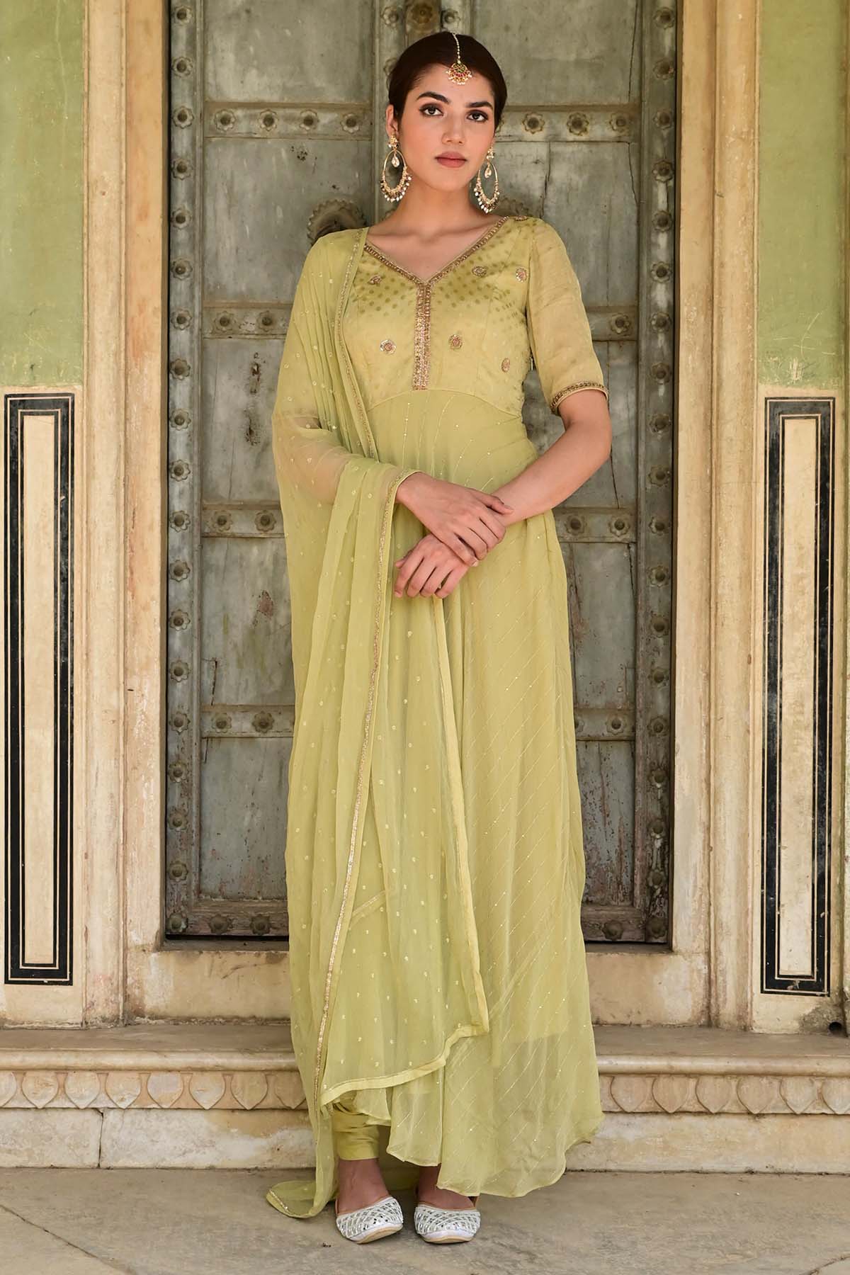 Taro India Pista Green Zardozi Anarkali Set for women online at ScrollnShops