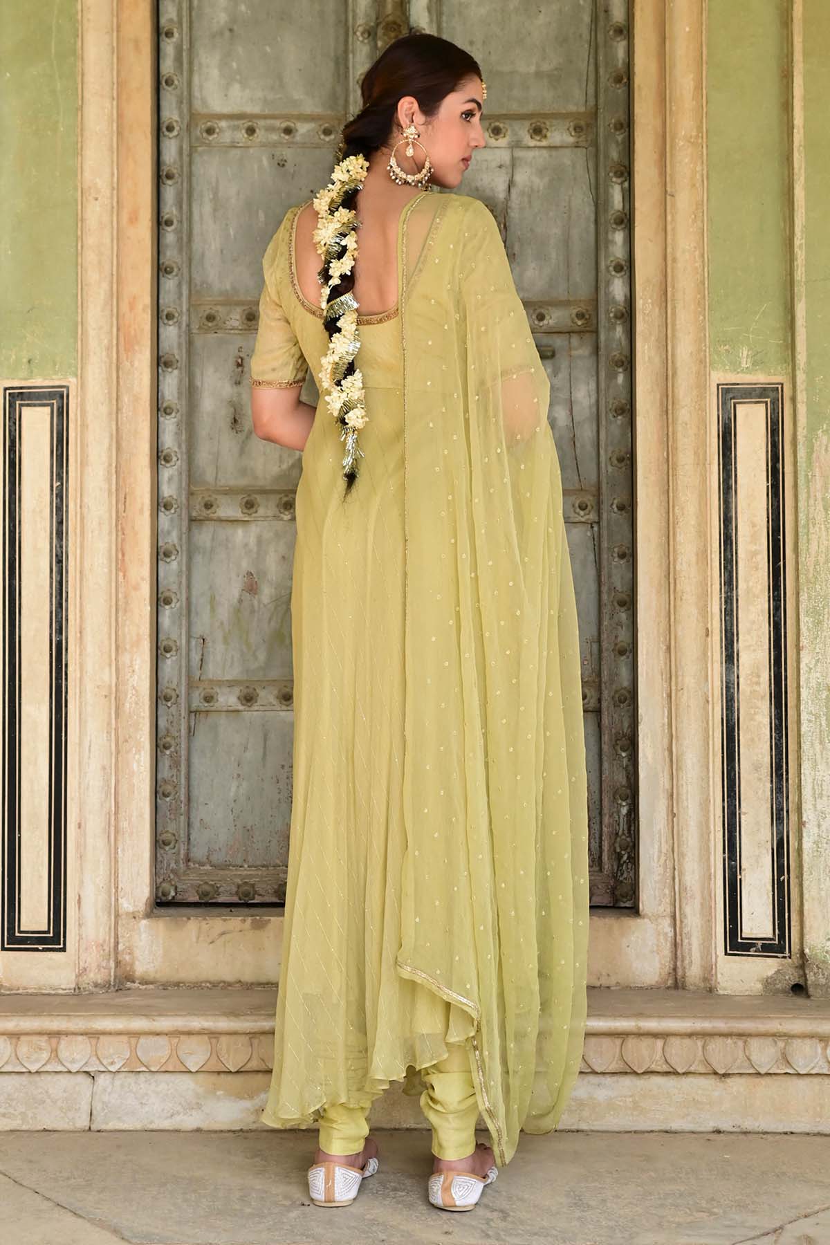 Pista Green Zardozi Anarkali Set