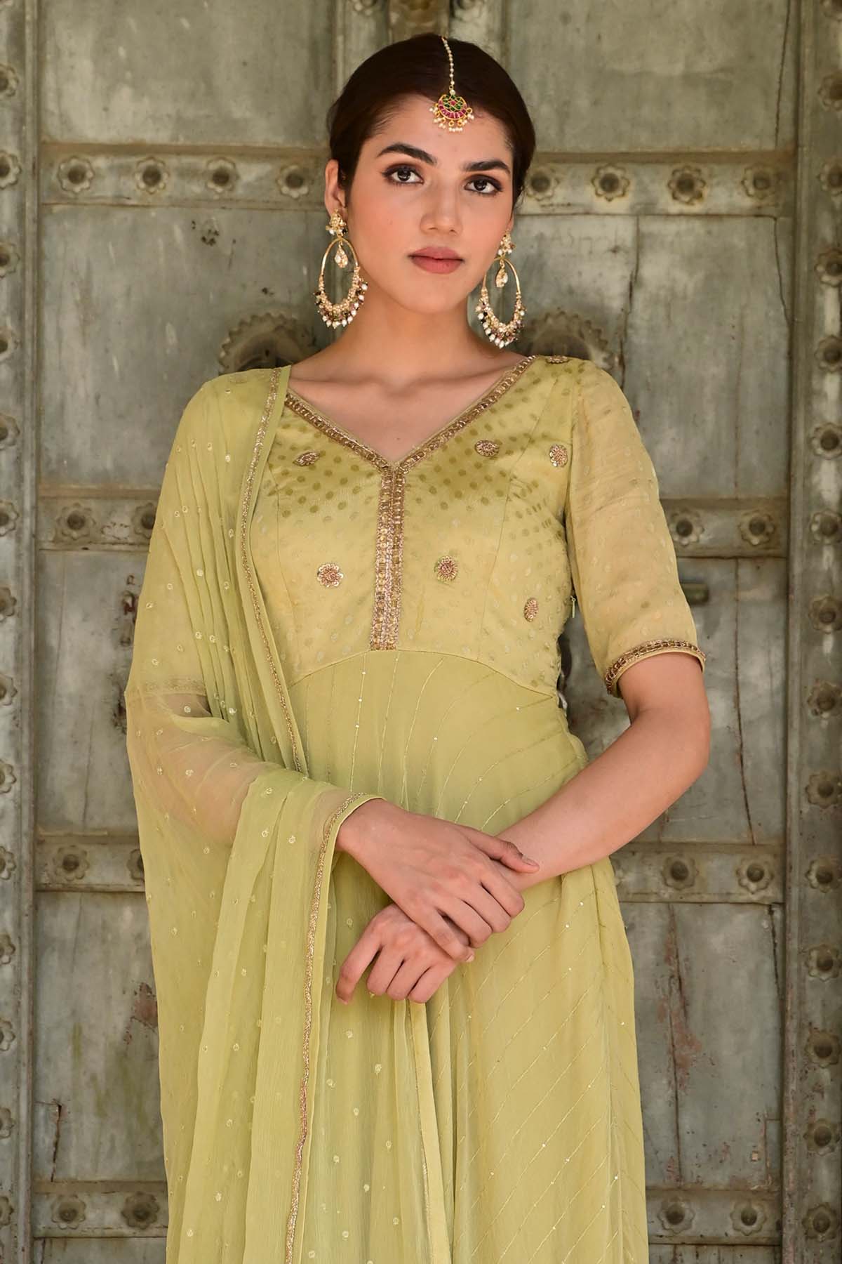 Pista Green Zardozi Anarkali Set