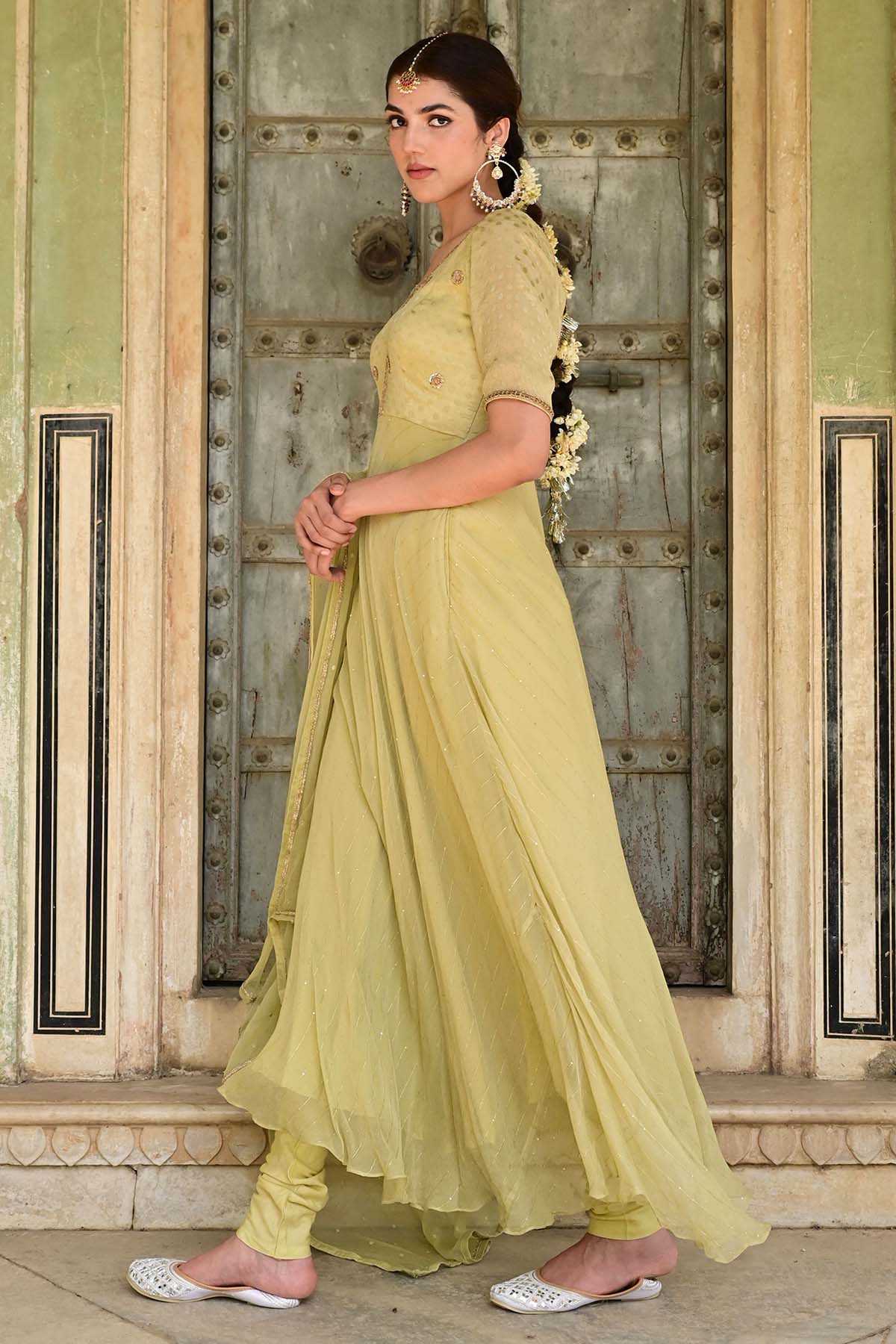 Pista Green Zardozi Anarkali Set