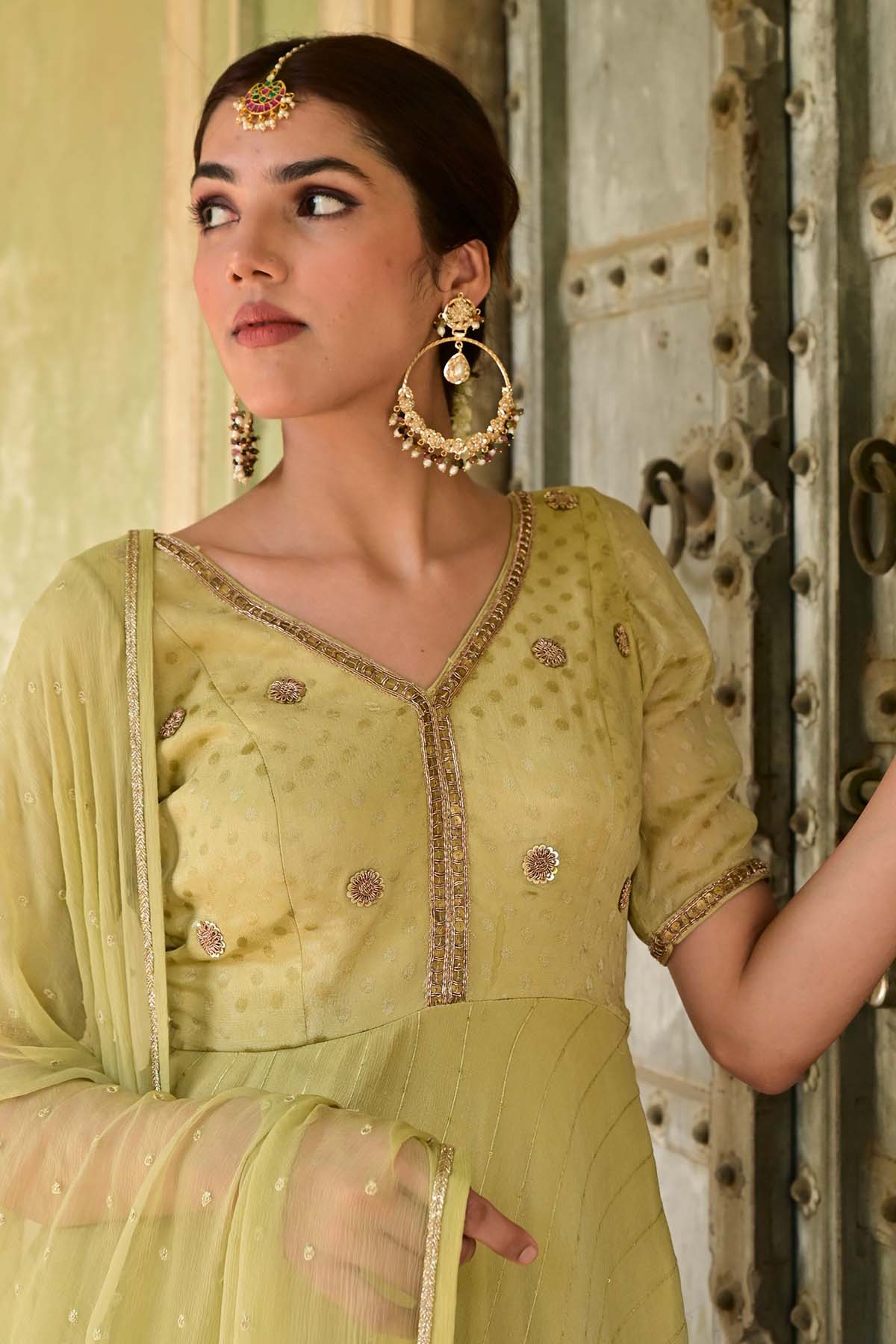 Pista Green Zardozi Anarkali Set