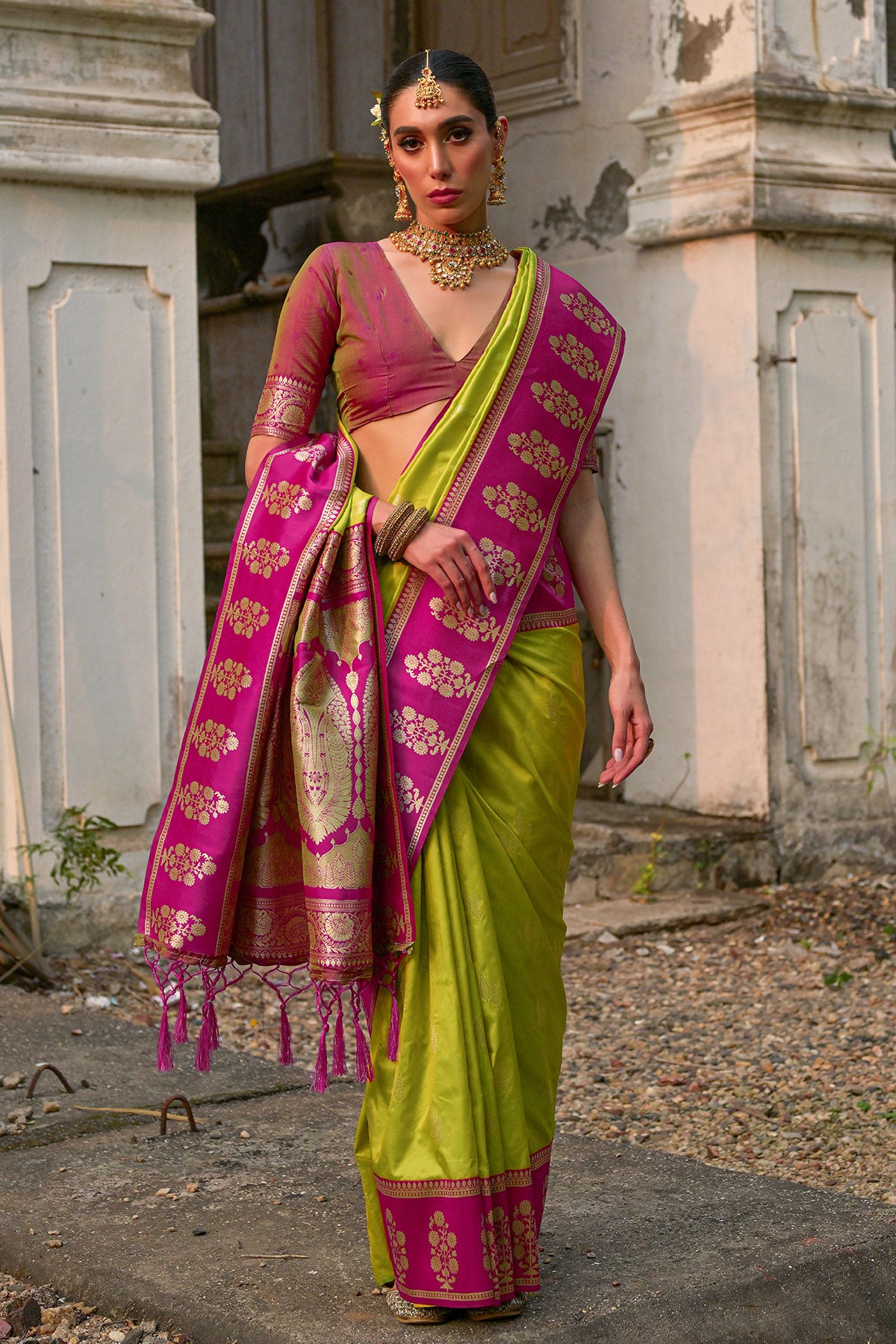 Pista Kanchi Silk Zari Saree