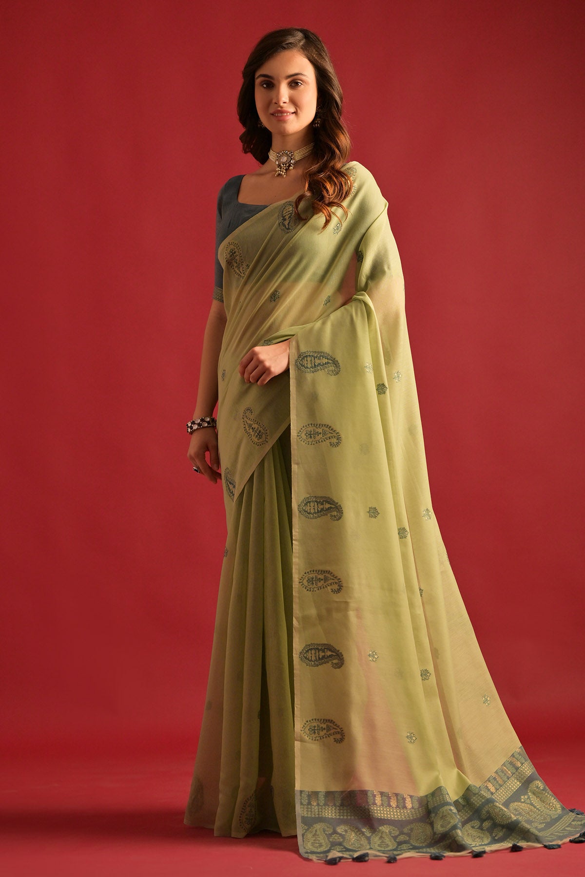 Buy Pista Keri Weaving Work Saree by Lili Lala for women online at ScrollnShops