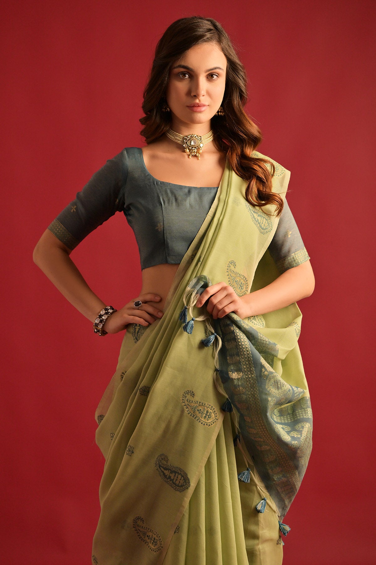 Pista Keri Weaving Work Saree