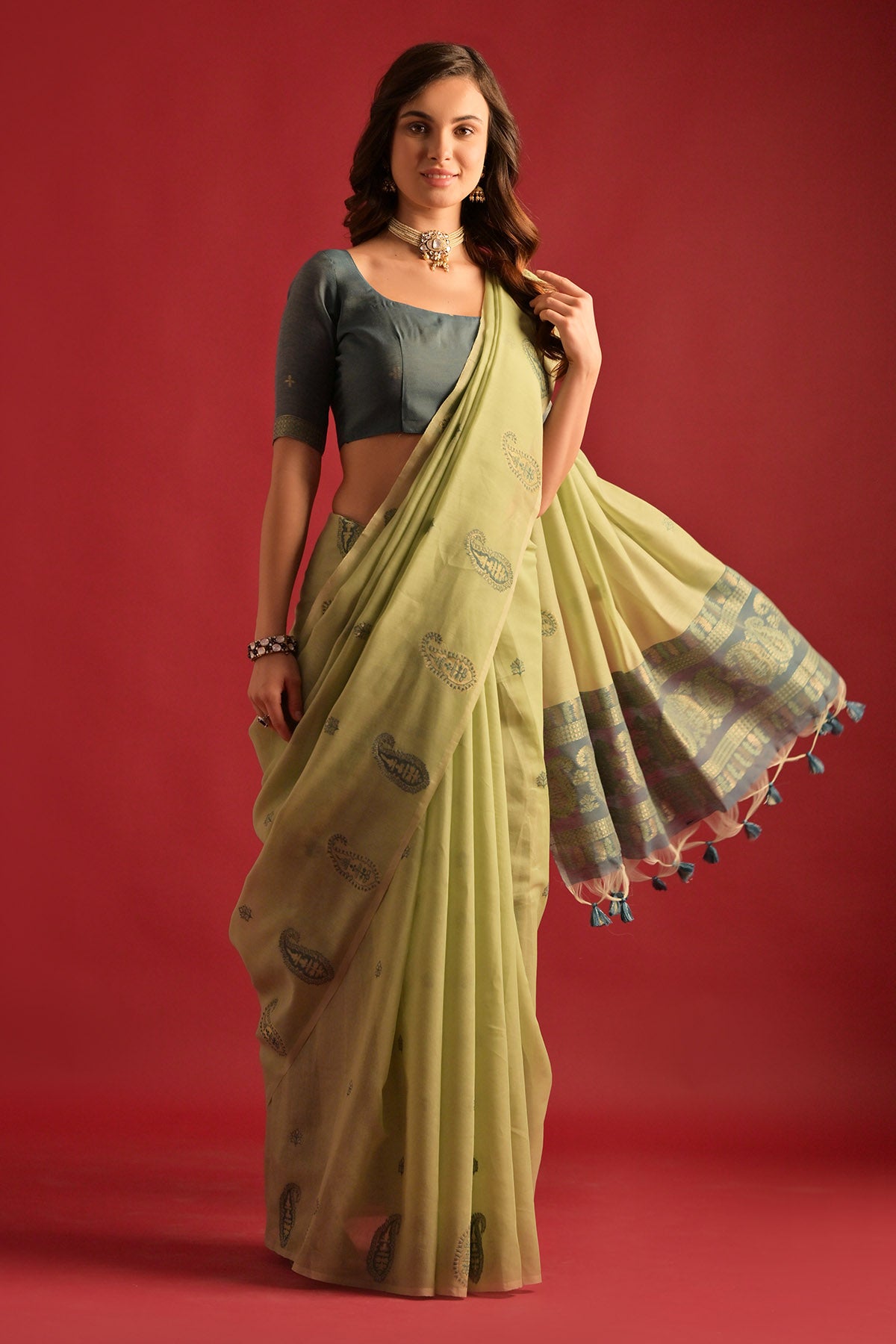 Pista Keri Weaving Work Saree