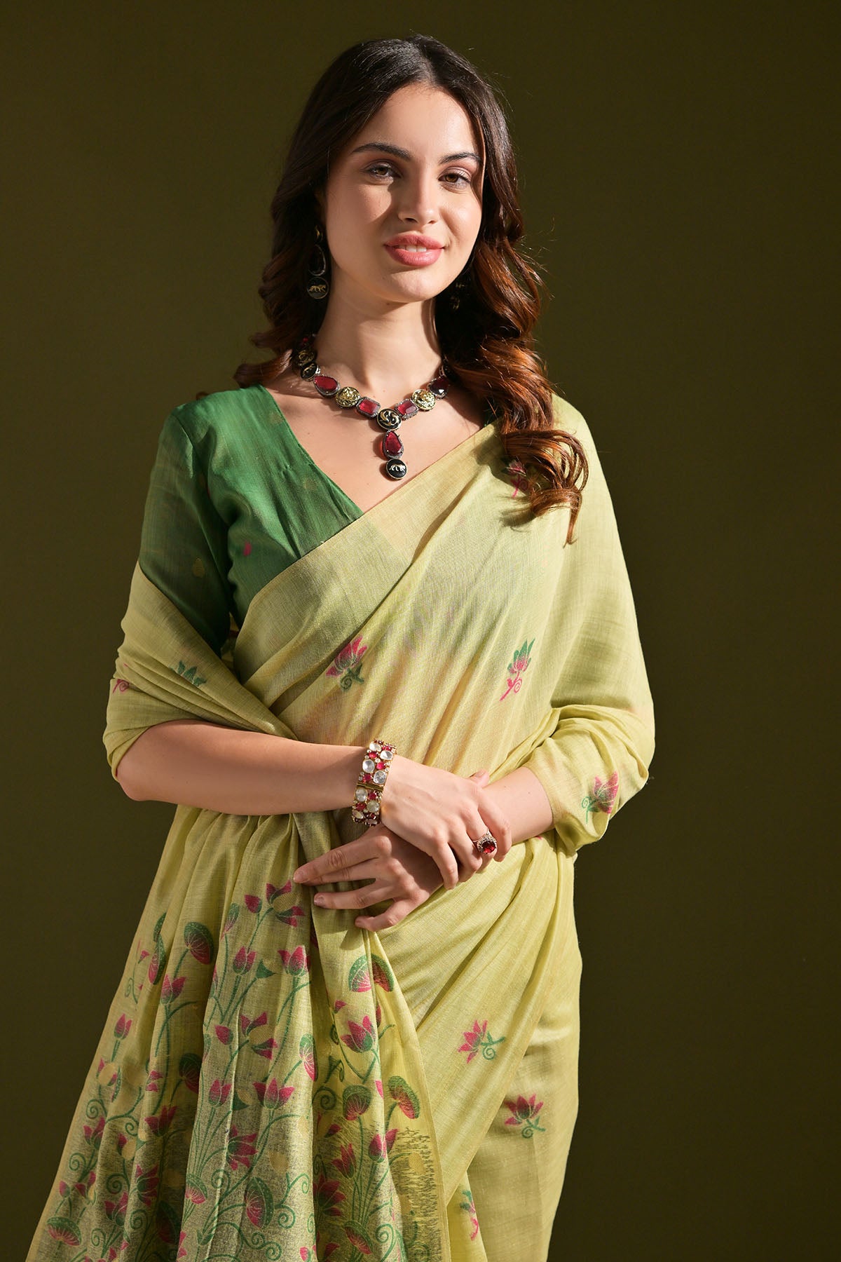 Pista Lotus Thread Work Saree