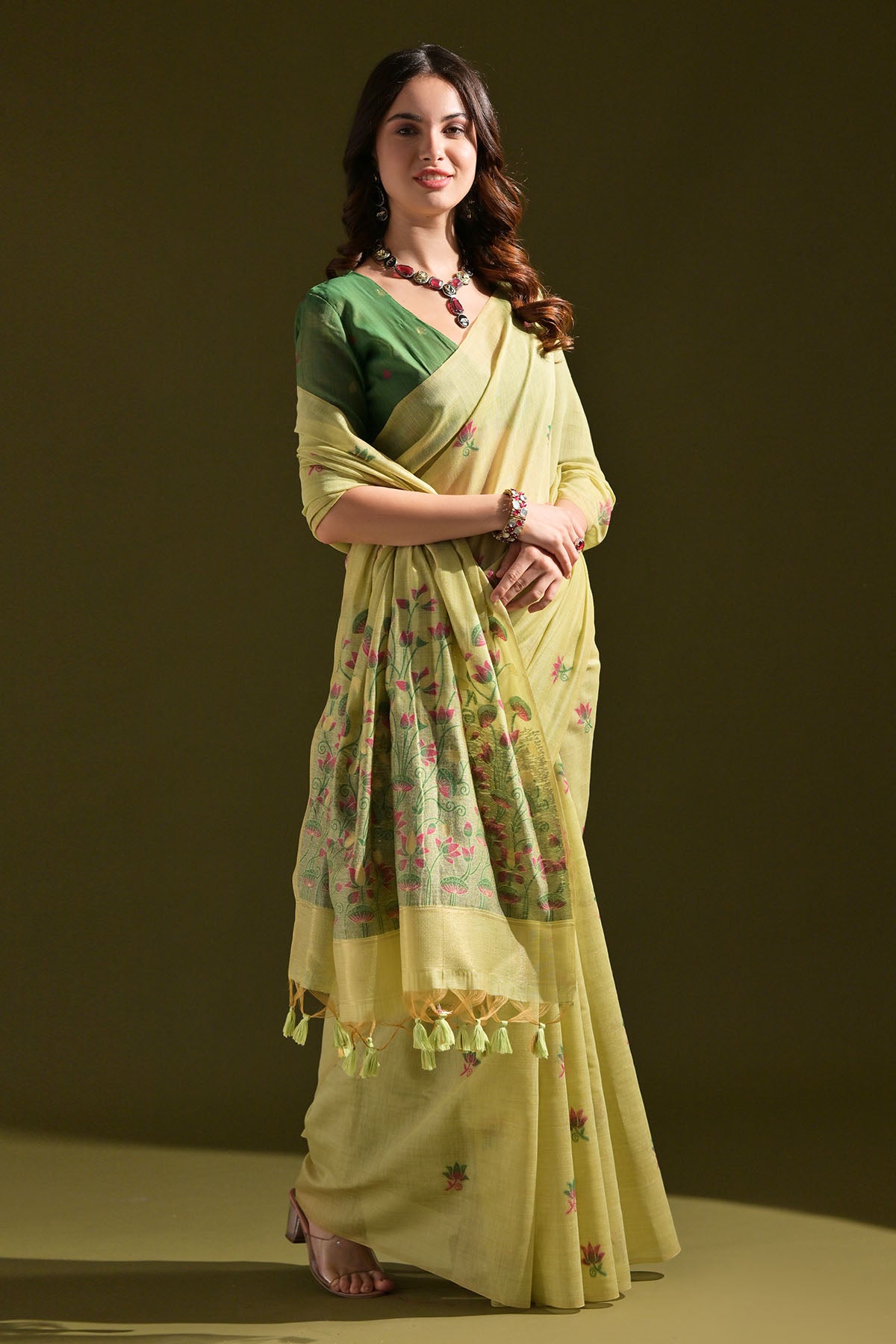 Pista Lotus Thread Work Saree