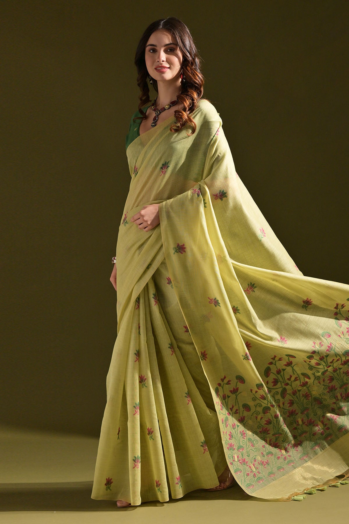 Pista Lotus Thread Work Saree