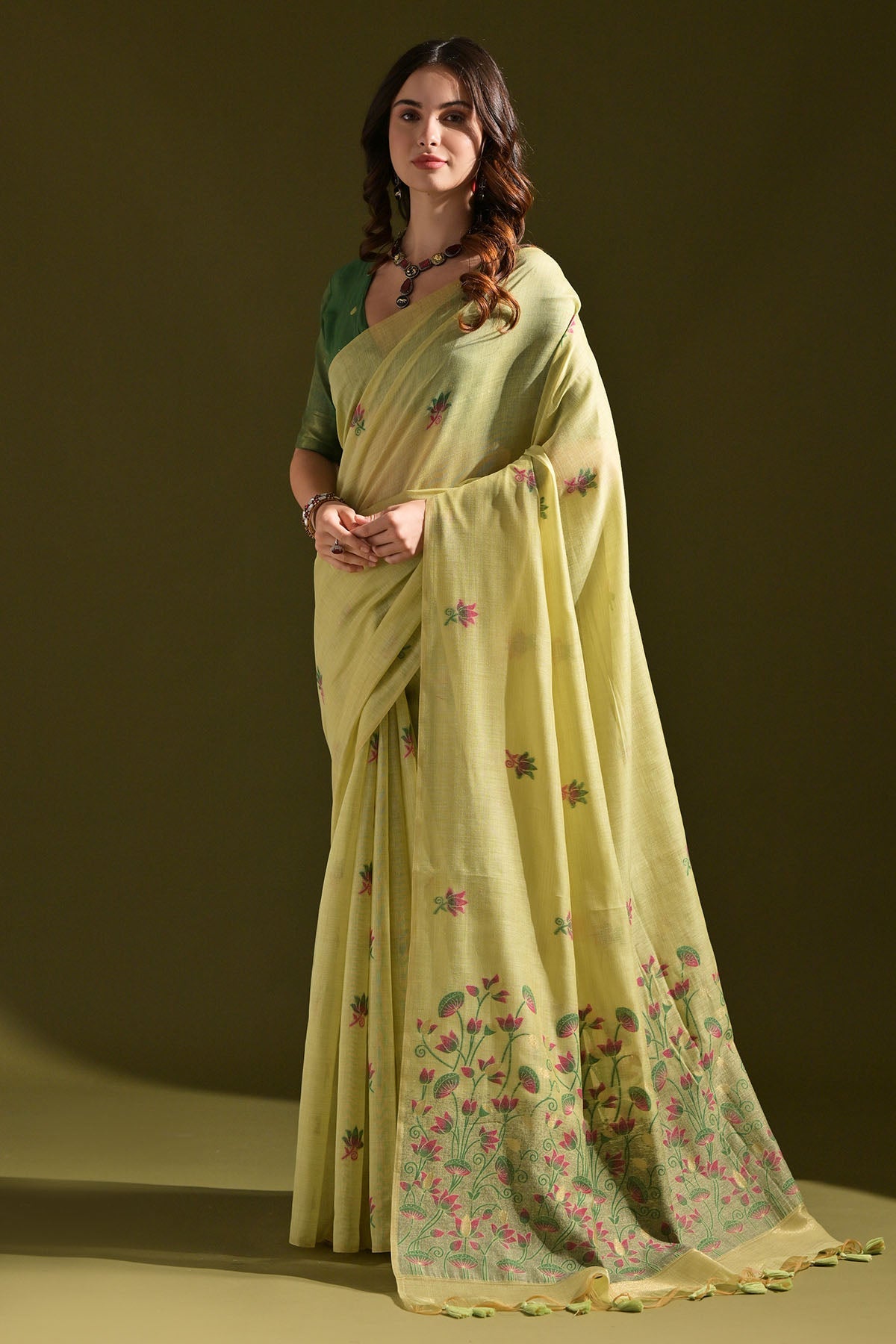 Buy Pista Lotus Thread Work Saree by Lili Lala for women online at ScrollnShops