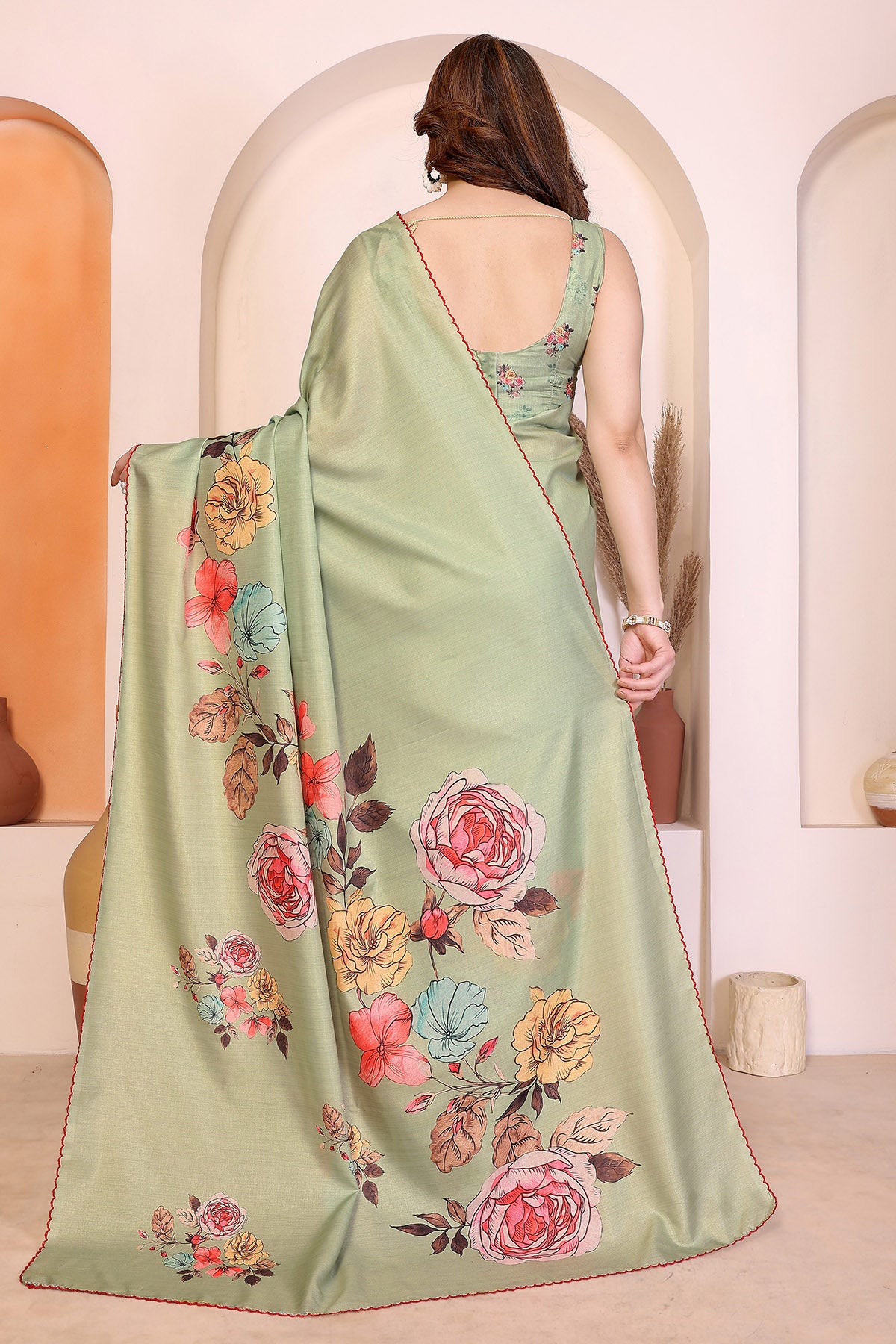 Pista Manipuri Arka Work Saree