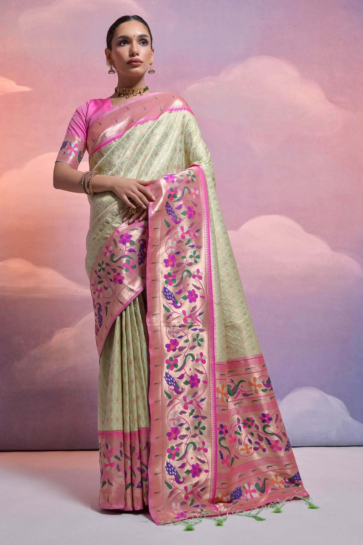 Buy Designer Pista Meenakari Zari Saree Online
