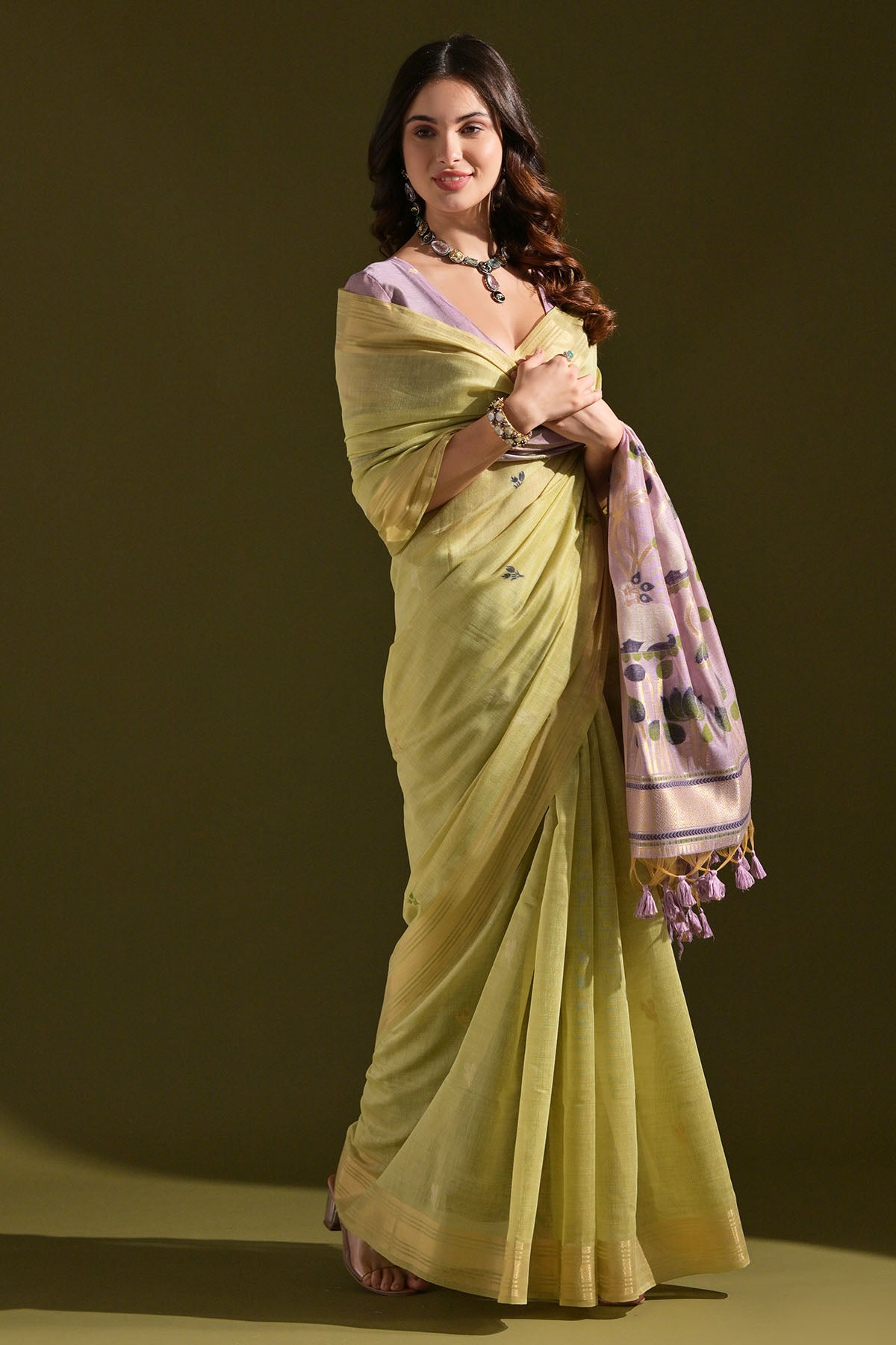 Pista Muga Cotton Floral Saree