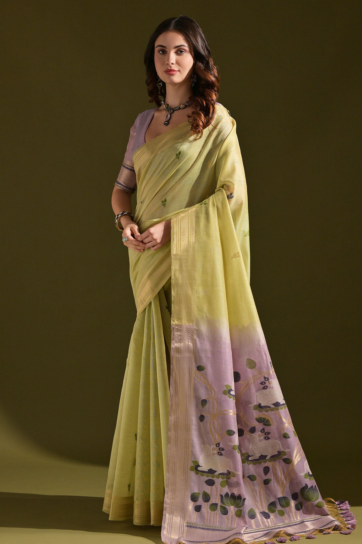 Buy Pista Muga Cotton Floral Saree by Lili Lala for women online at ScrollnShops