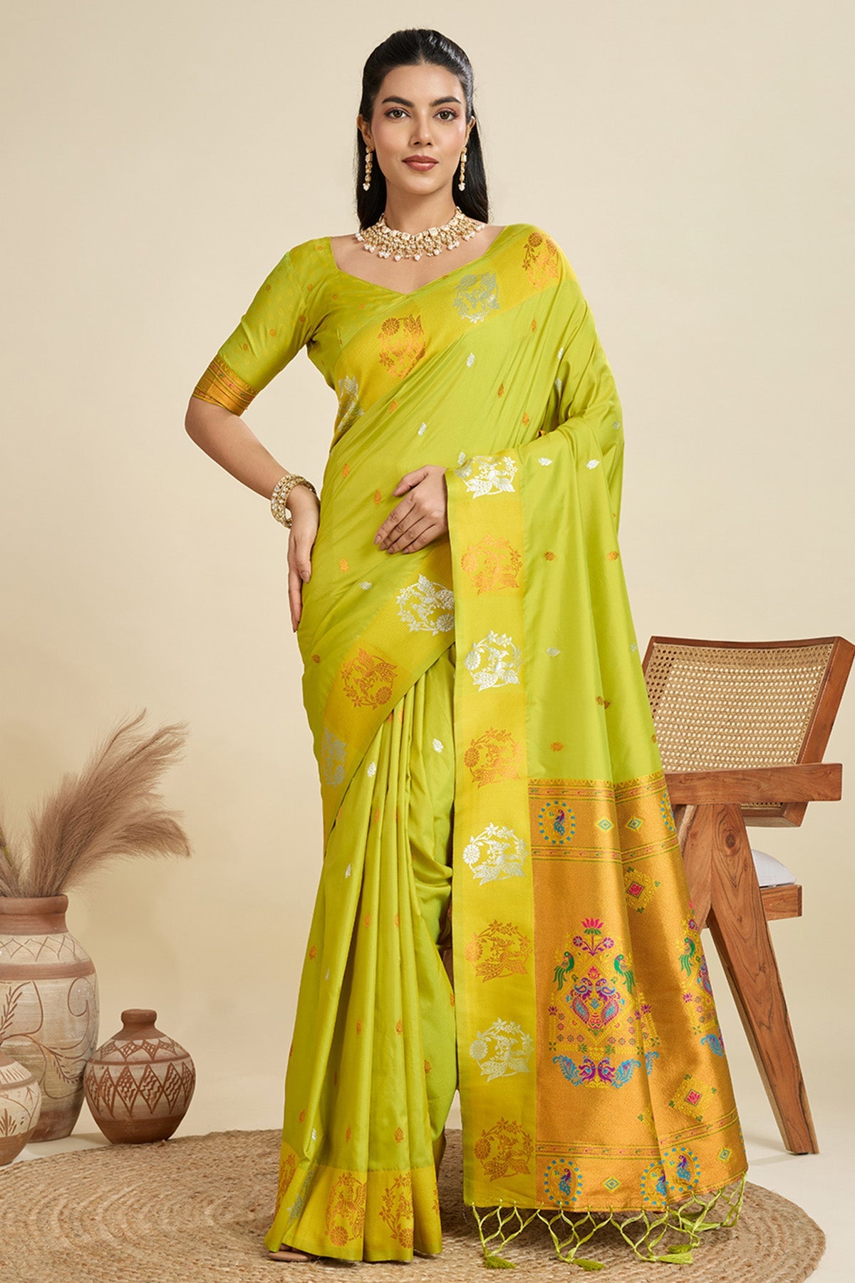 Buy Pista Paithani Saree & Blouse for Women Online available at ScrollnShops
