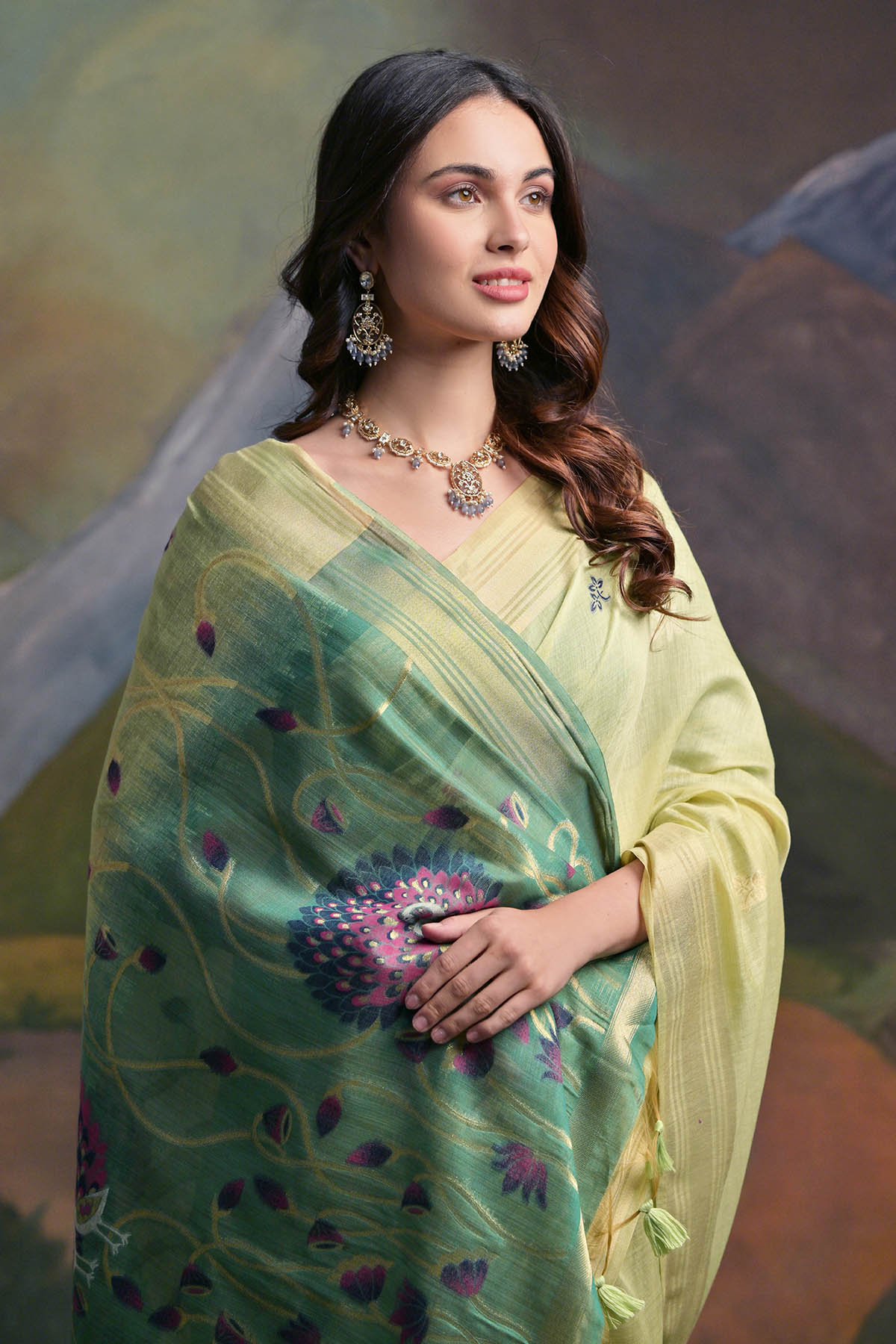Pista Peacock Thread Work Saree
