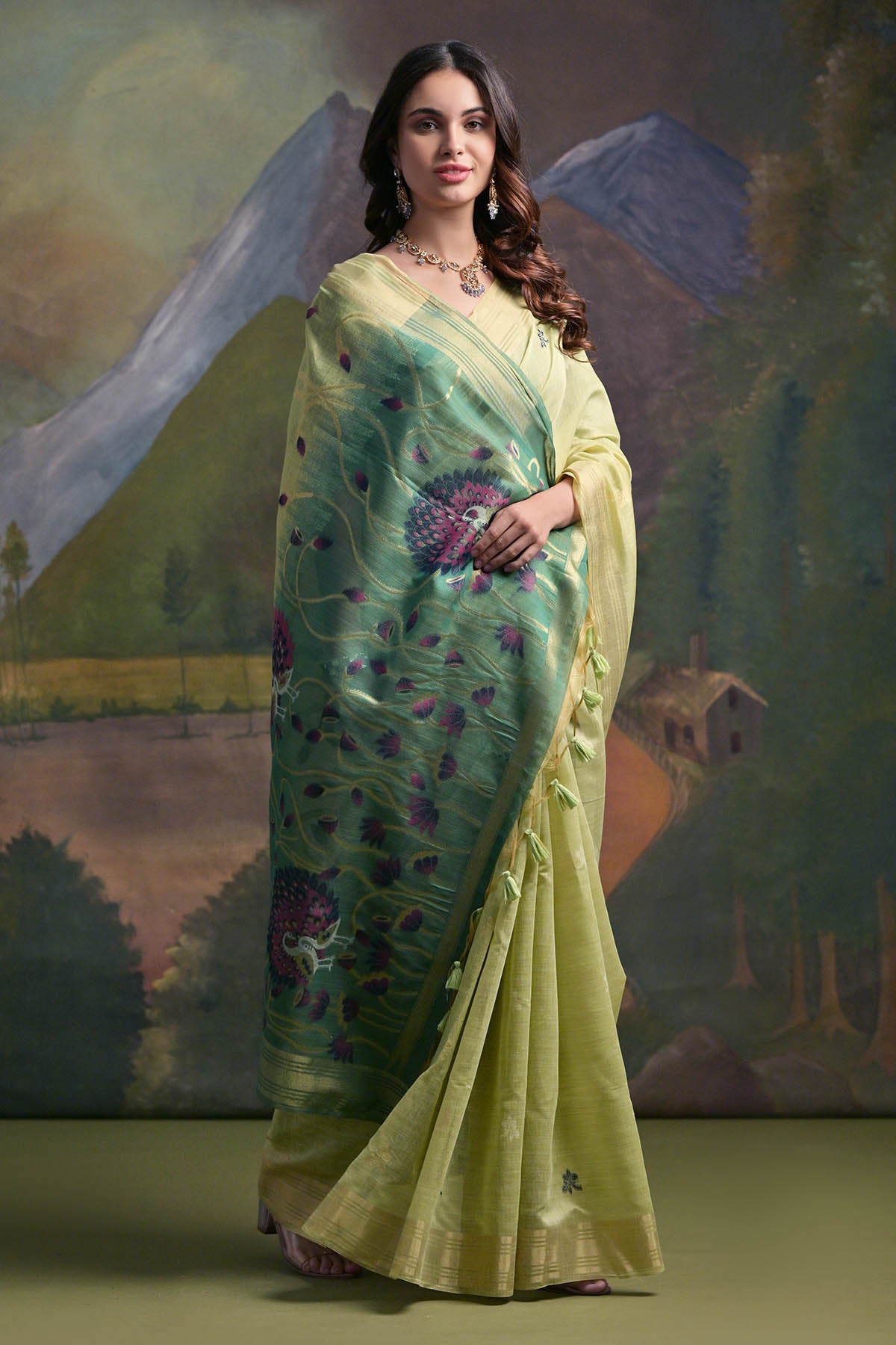 Pista Peacock Thread Work Saree