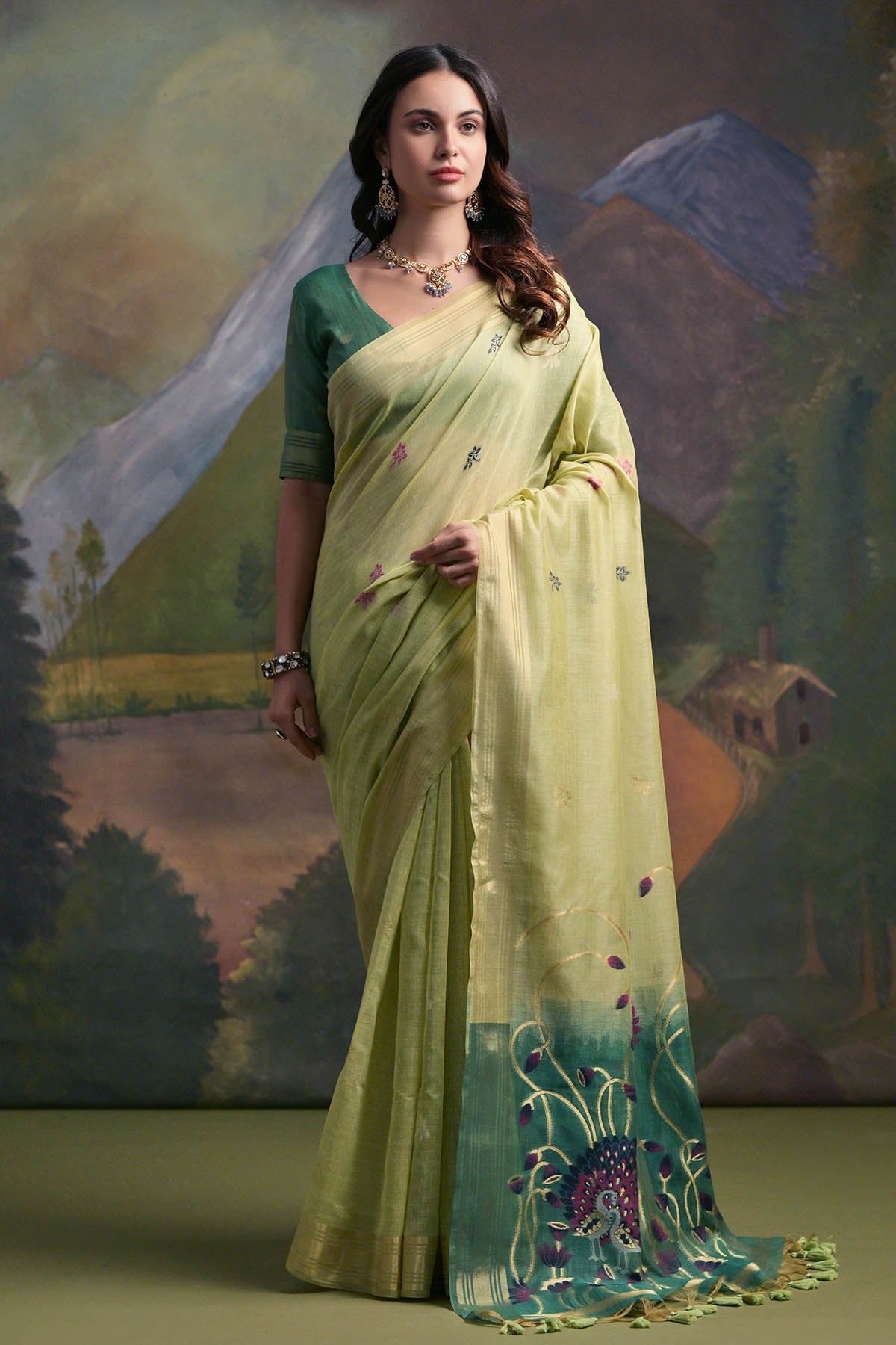 Buy Pista Peacock Thread Work Saree by Lili Lala for women online at ScrollnShops