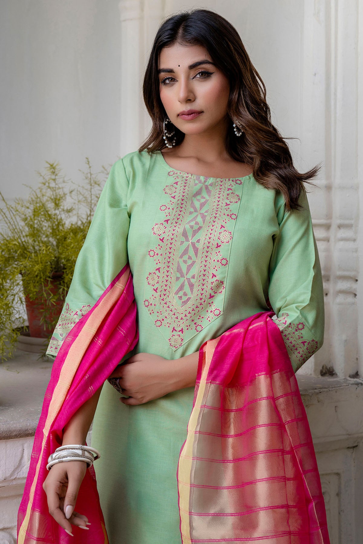Pista Round Neck Yoke Kurta Set