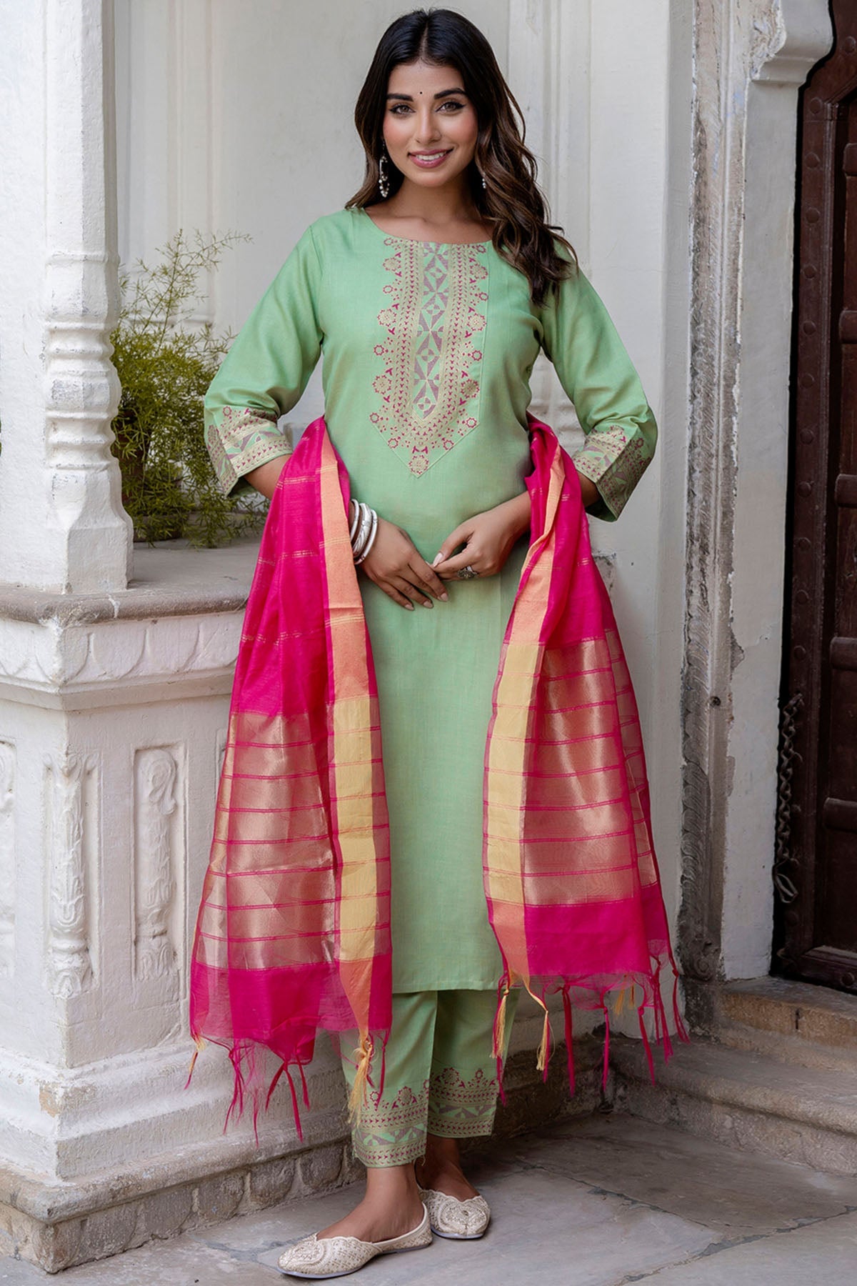 Buy Pista Round Neck Yoke Kurta Set for women by Aastha Fashion online available at scrollnshops