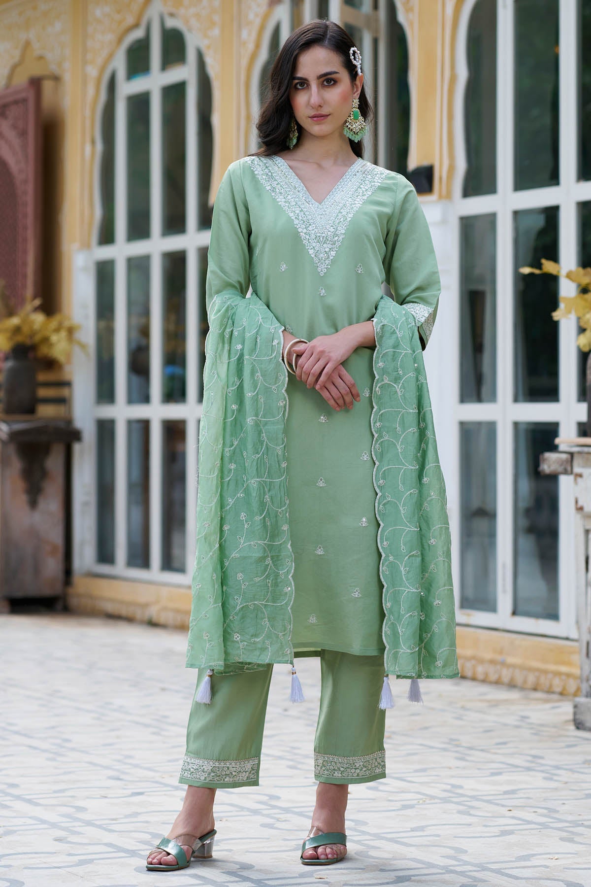 Buy Pista Silk Blended Kurta Set for women by Aastha Fashion online available at scrollnshops