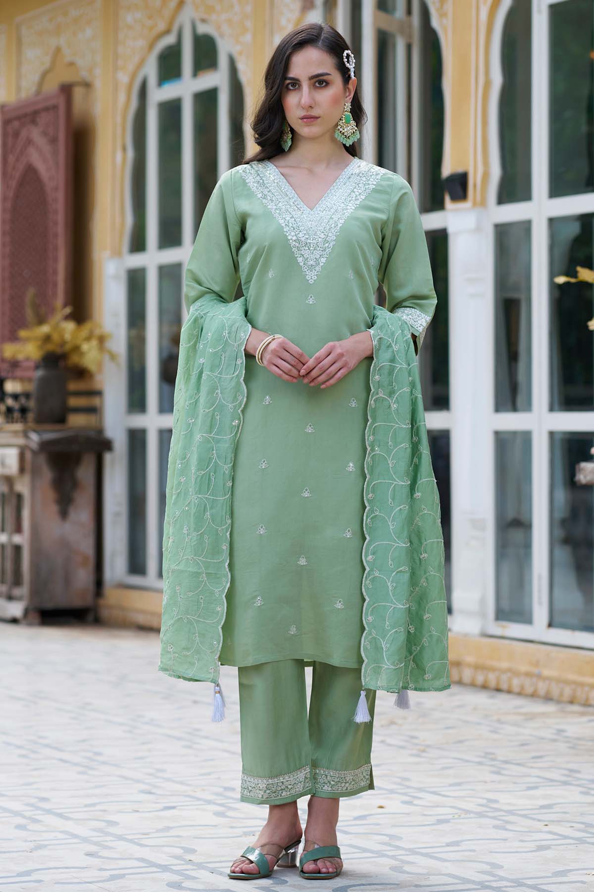 Pista Silk Blended Kurta Set