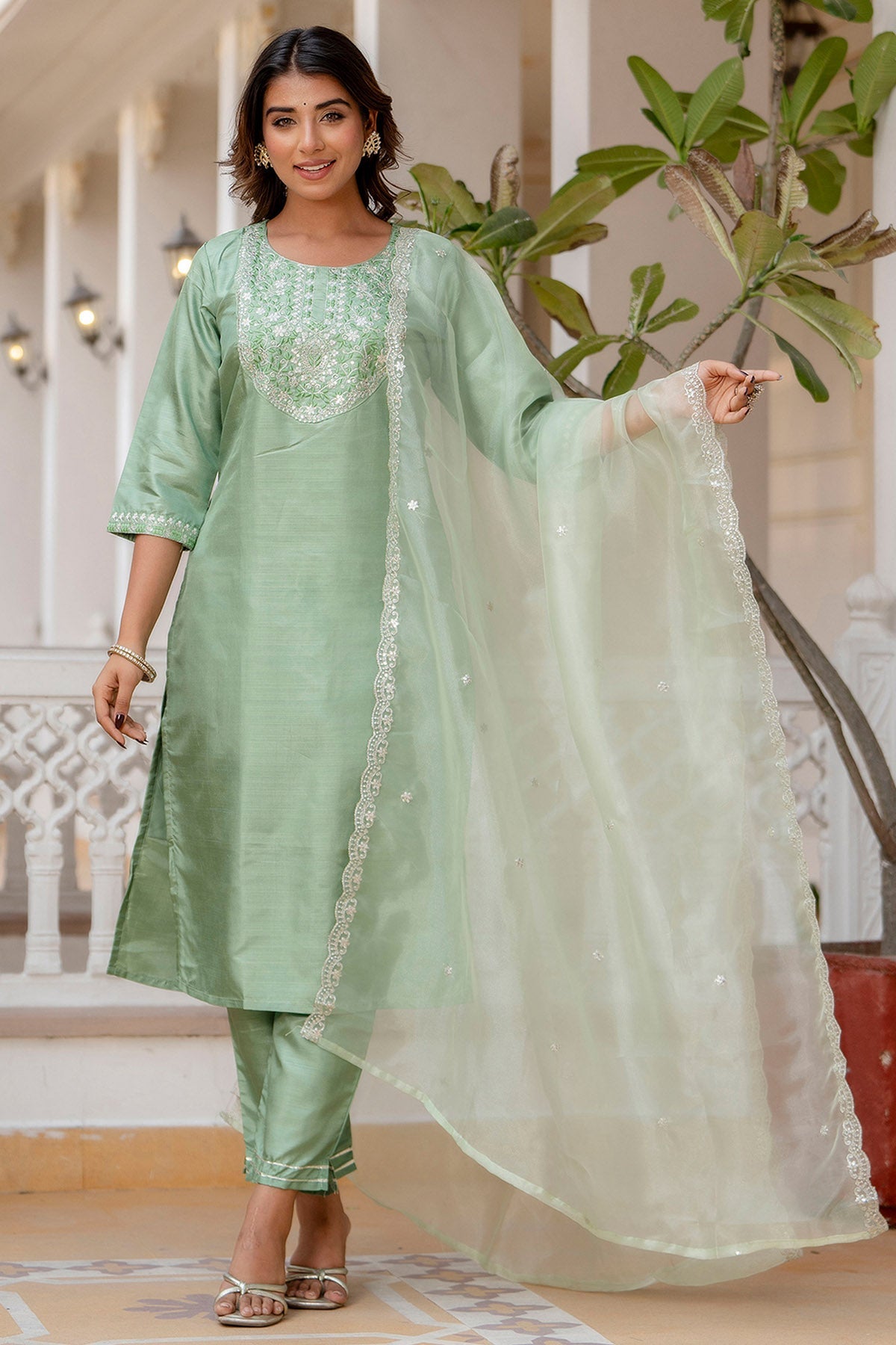 Buy Pista Silk Embroidery Kurta Set for women by Aastha Fashion online available at scrollnshops