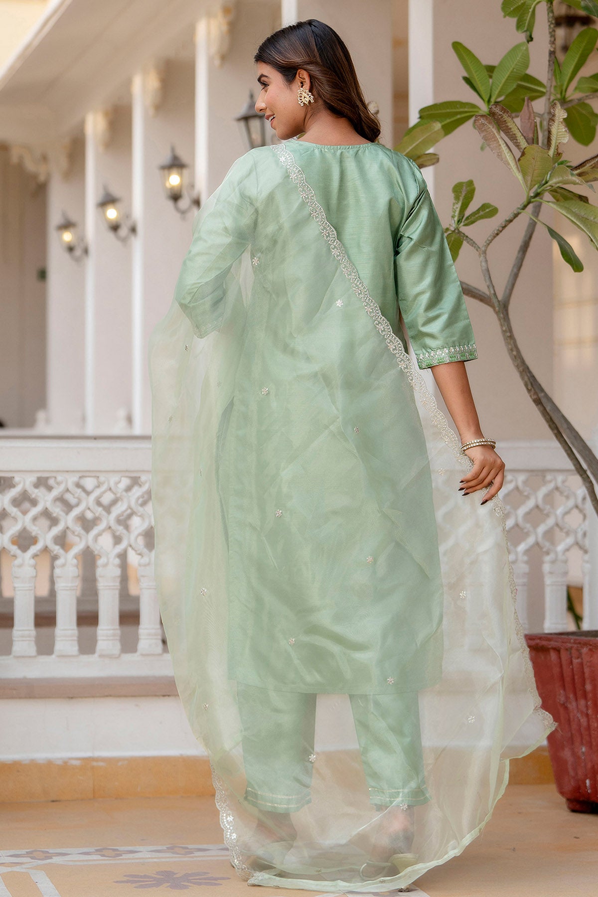 Pista Silk Embroidery Kurta Set
