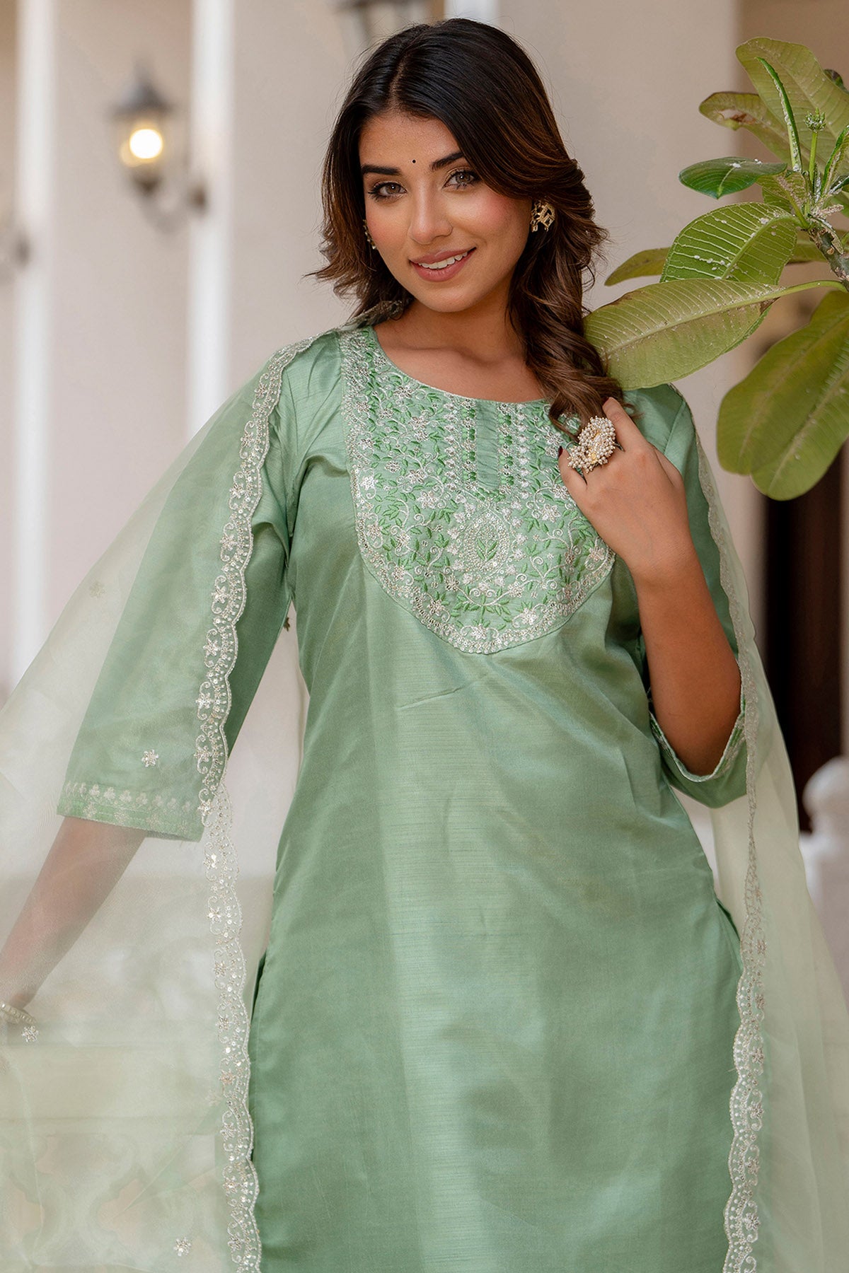 Pista Silk Embroidery Kurta Set