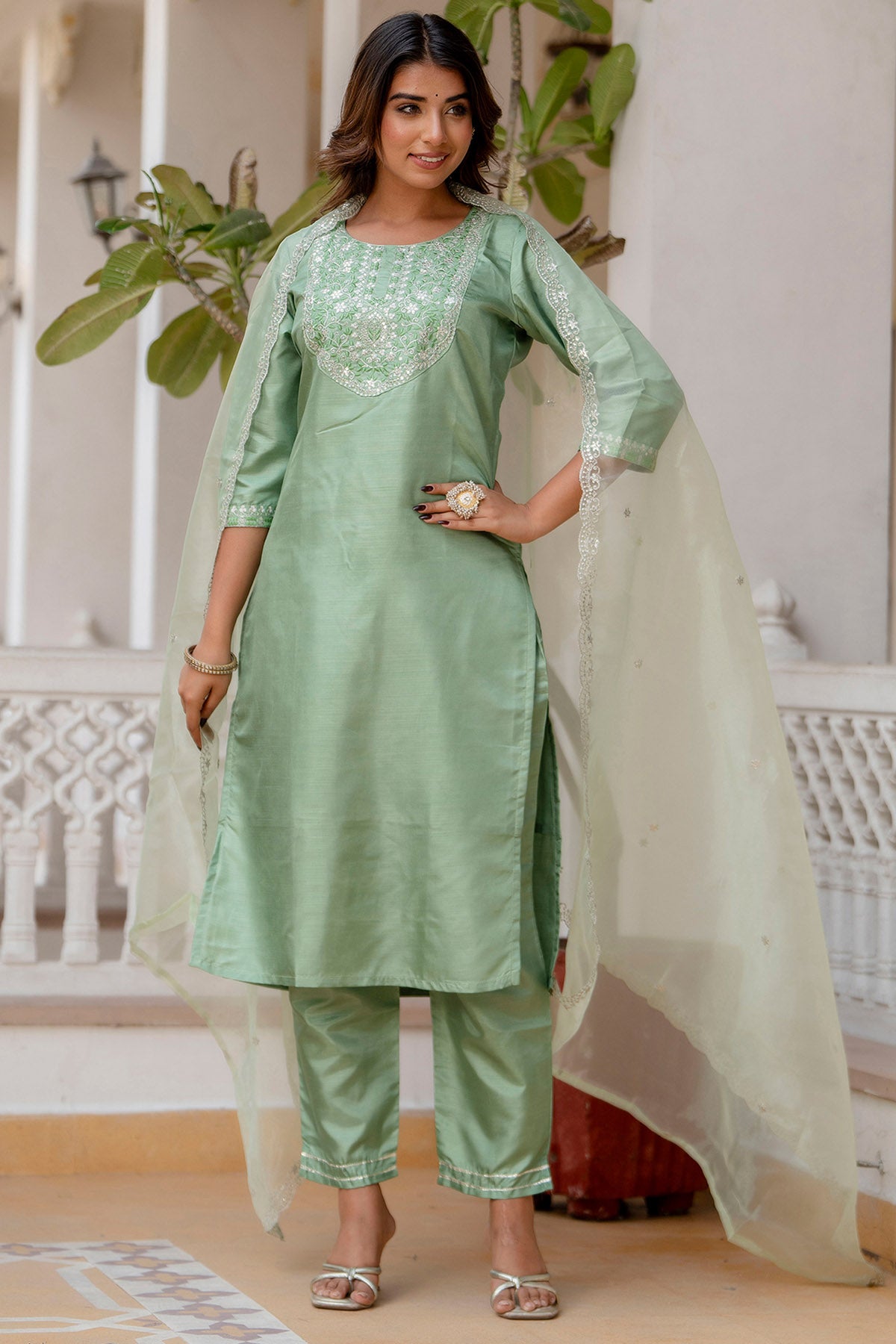 Pista Silk Embroidery Kurta Set