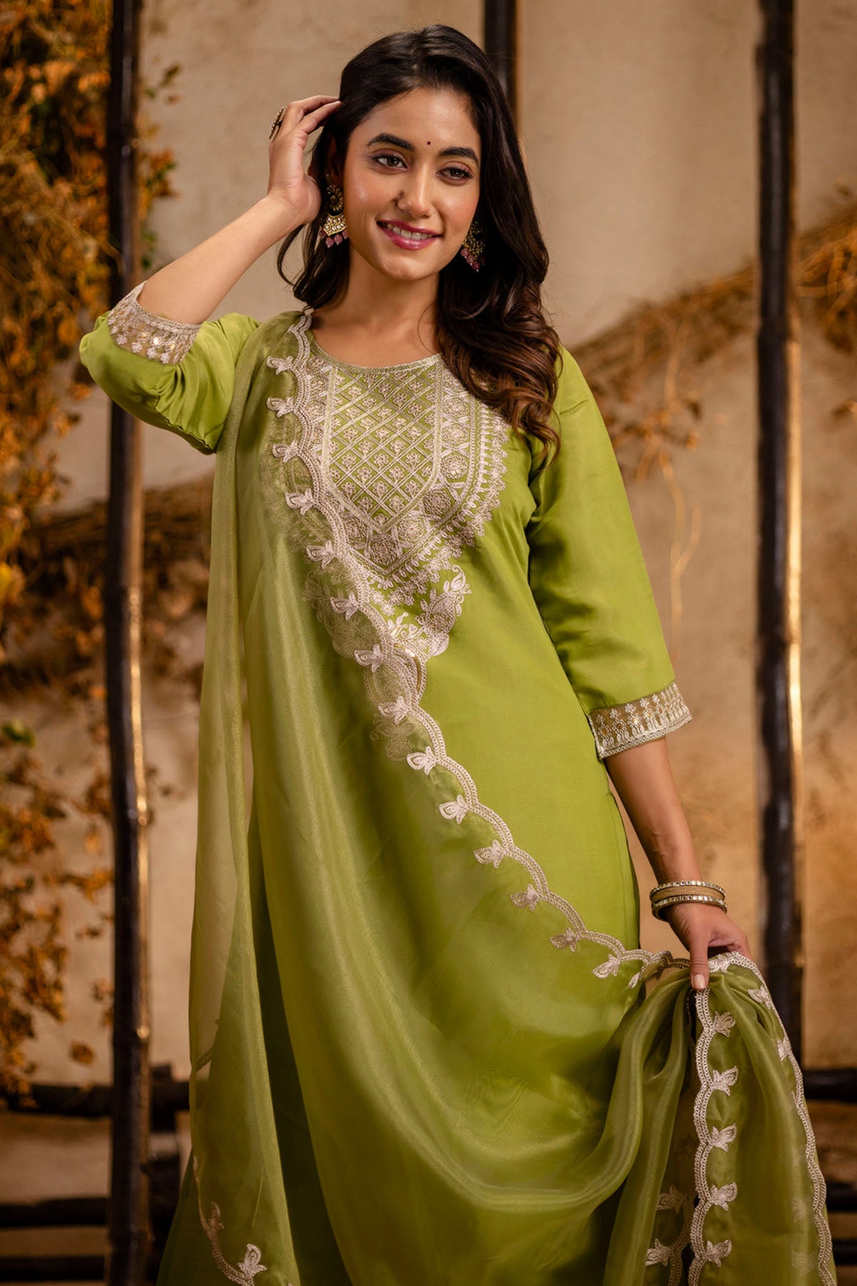 Pista Silk Round Neck Kurta Set