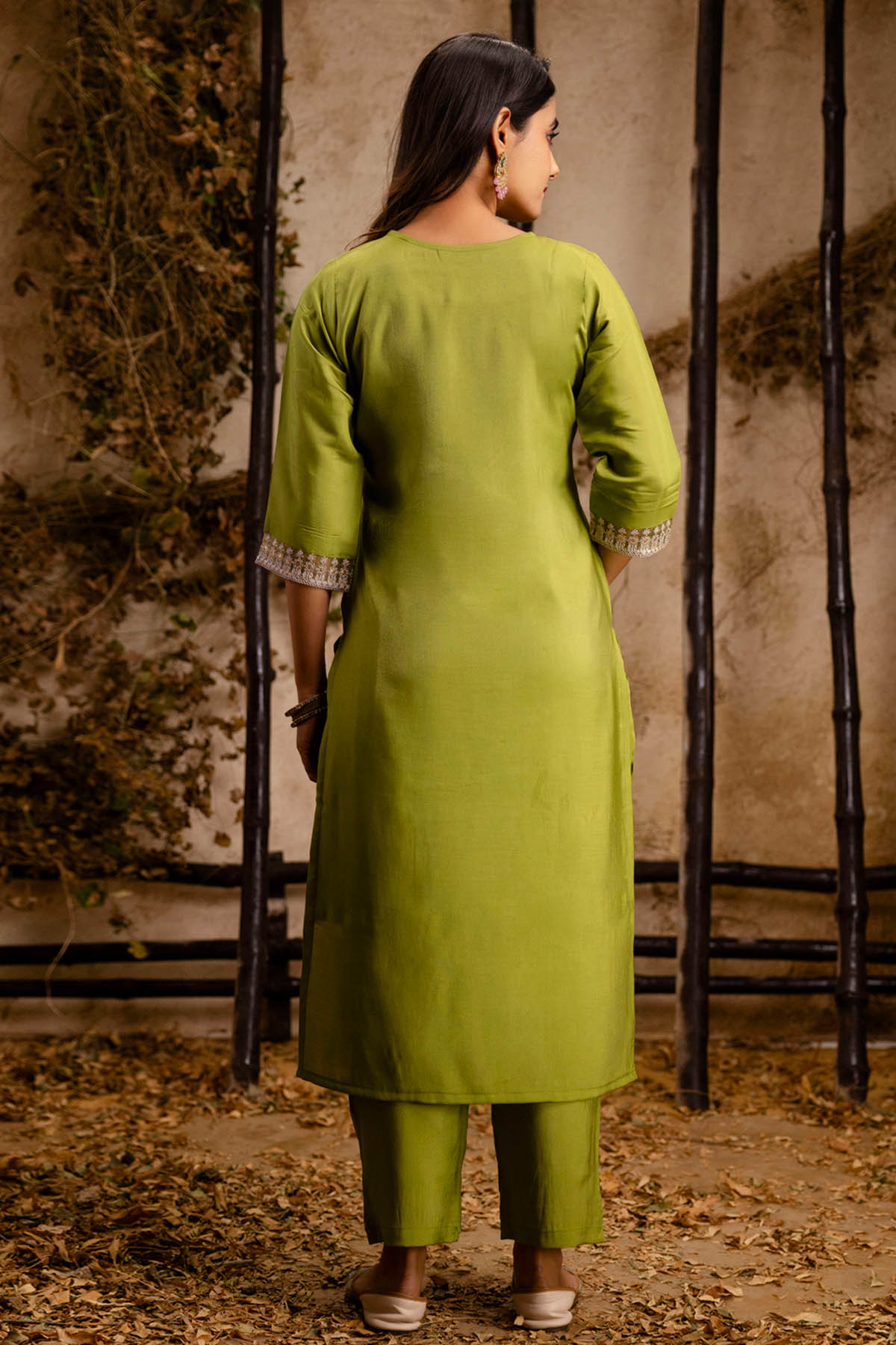 Pista Silk Round Neck Kurta Set